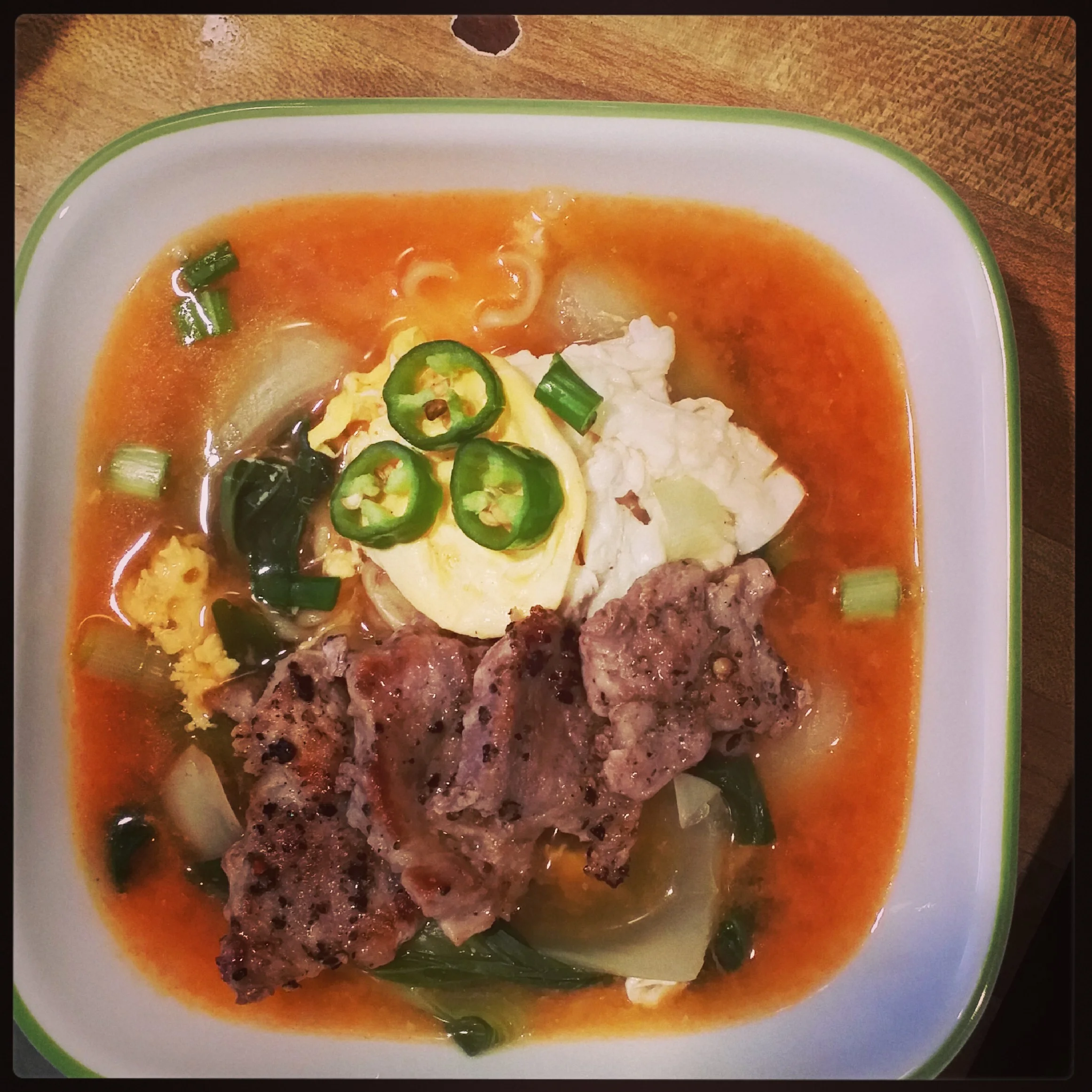 Ramyun with Eggs, Bok Choy, Scallions, Pork and Pepper decorations!