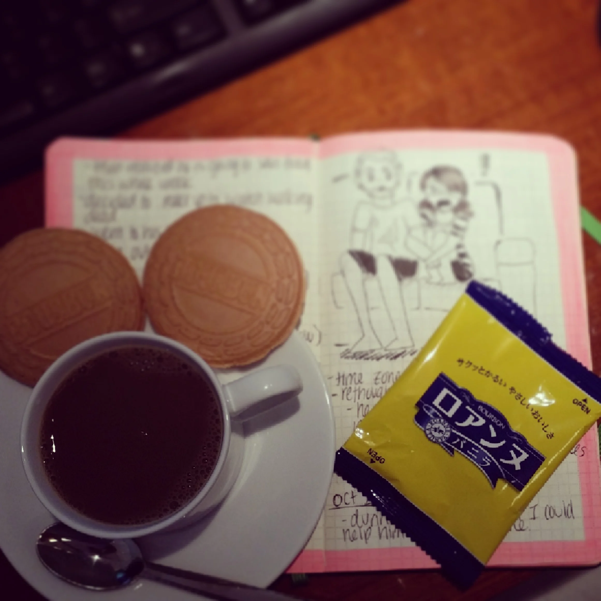 Black coffee with Vanilla creme waffers