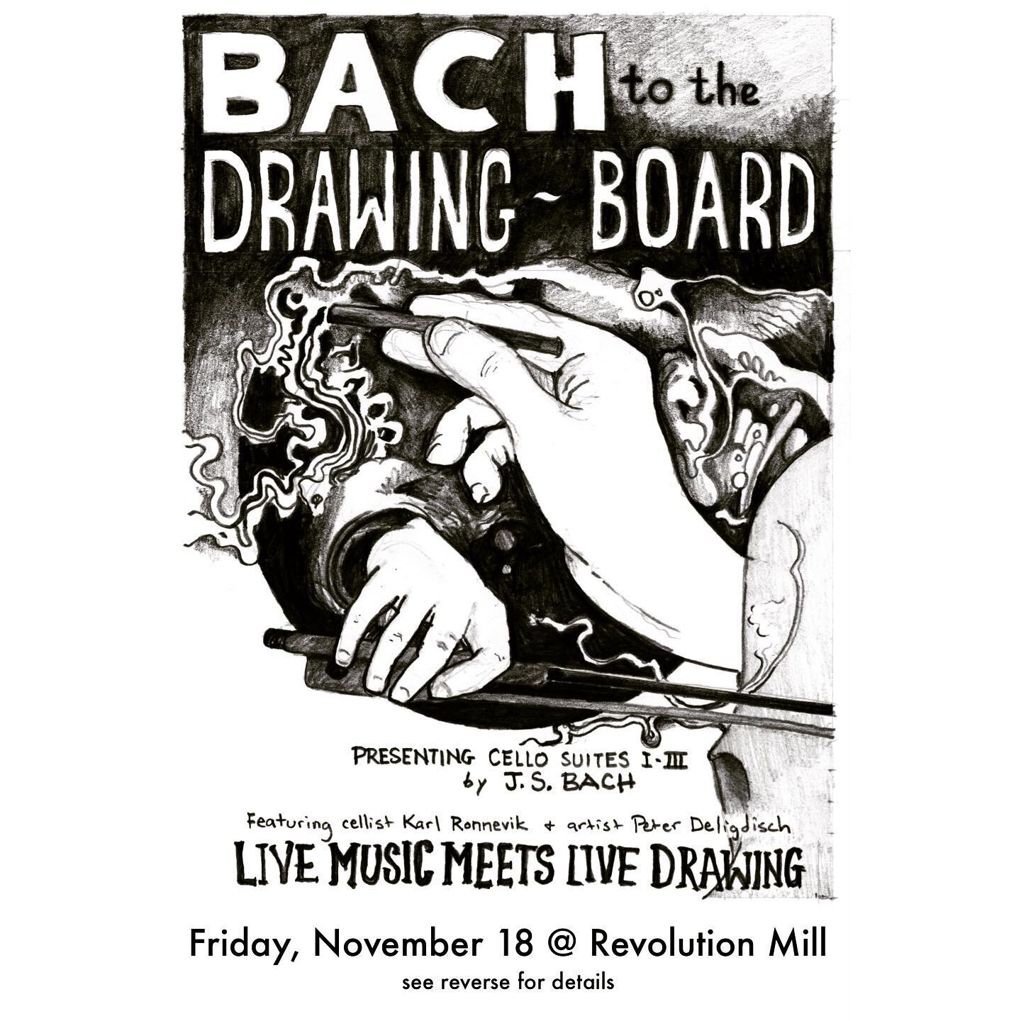 You&rsquo;re invited! Bach to the Drawing Board returns for our second public performance at 7:30 on Friday Nov. 18 at Gallery 1250 at Revolution Mill, Greensboro NC! 
Swipe for details and a small taste of our last performance. 

This is live music 