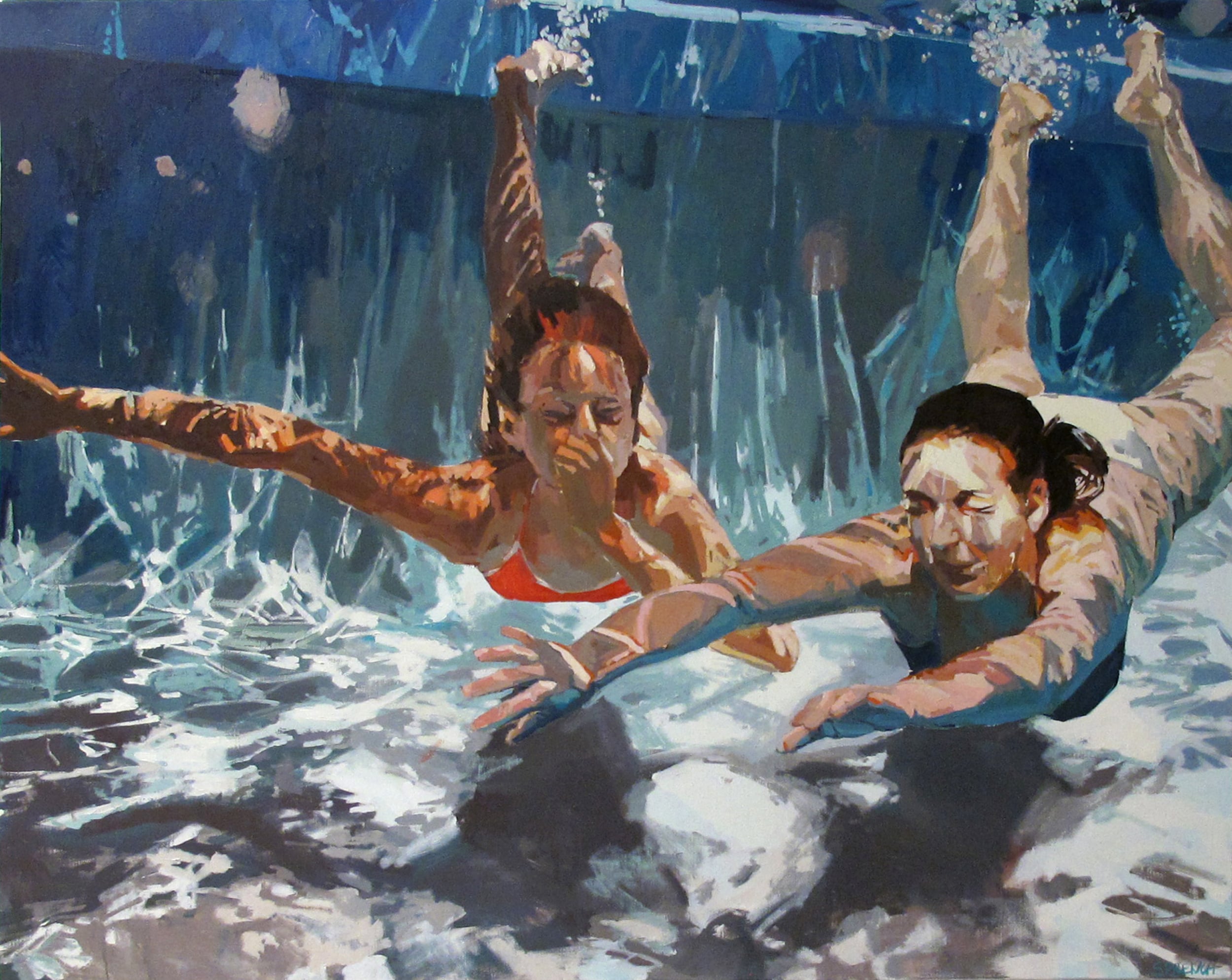 Три человека в бассейне. Саманта френч. Samantha French художник. Плавание живопись. Пловец живопись.