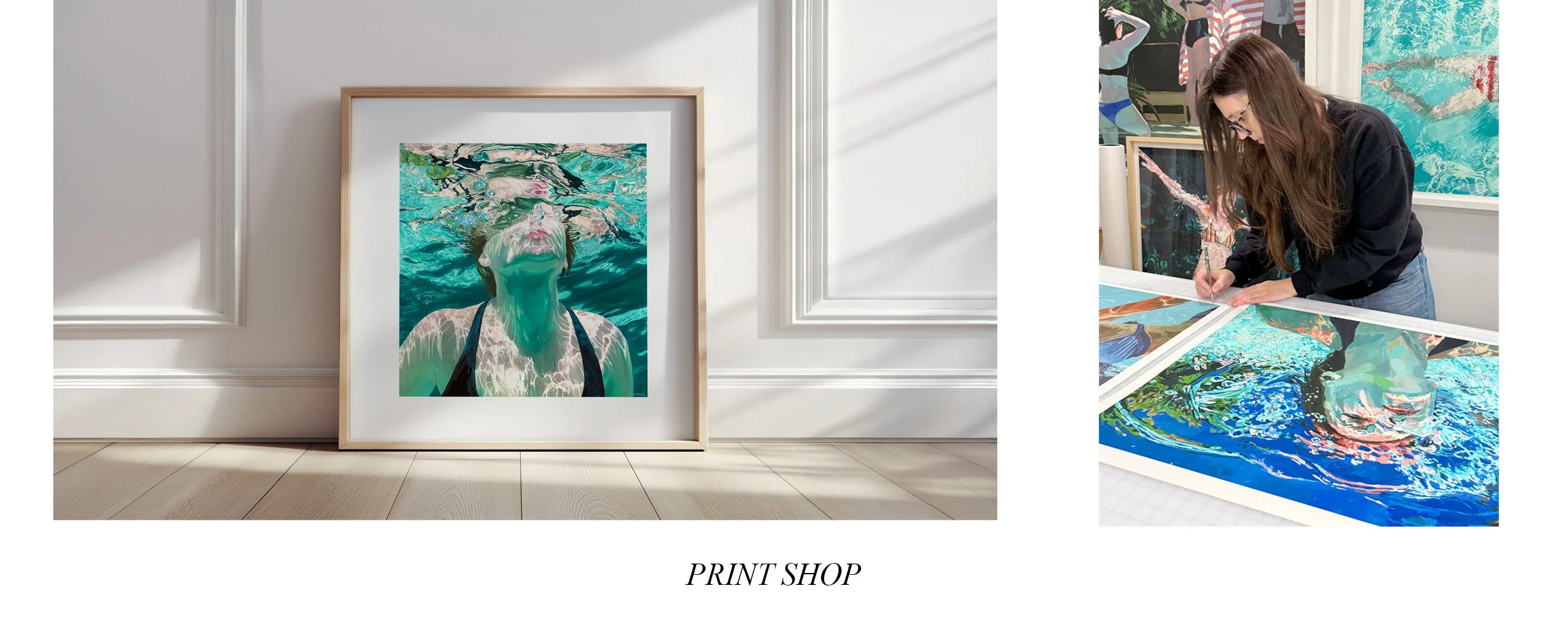 Samantha French Print Shop, Samantha French signing prints in her studio, large scale wall are of swimmers behind her
