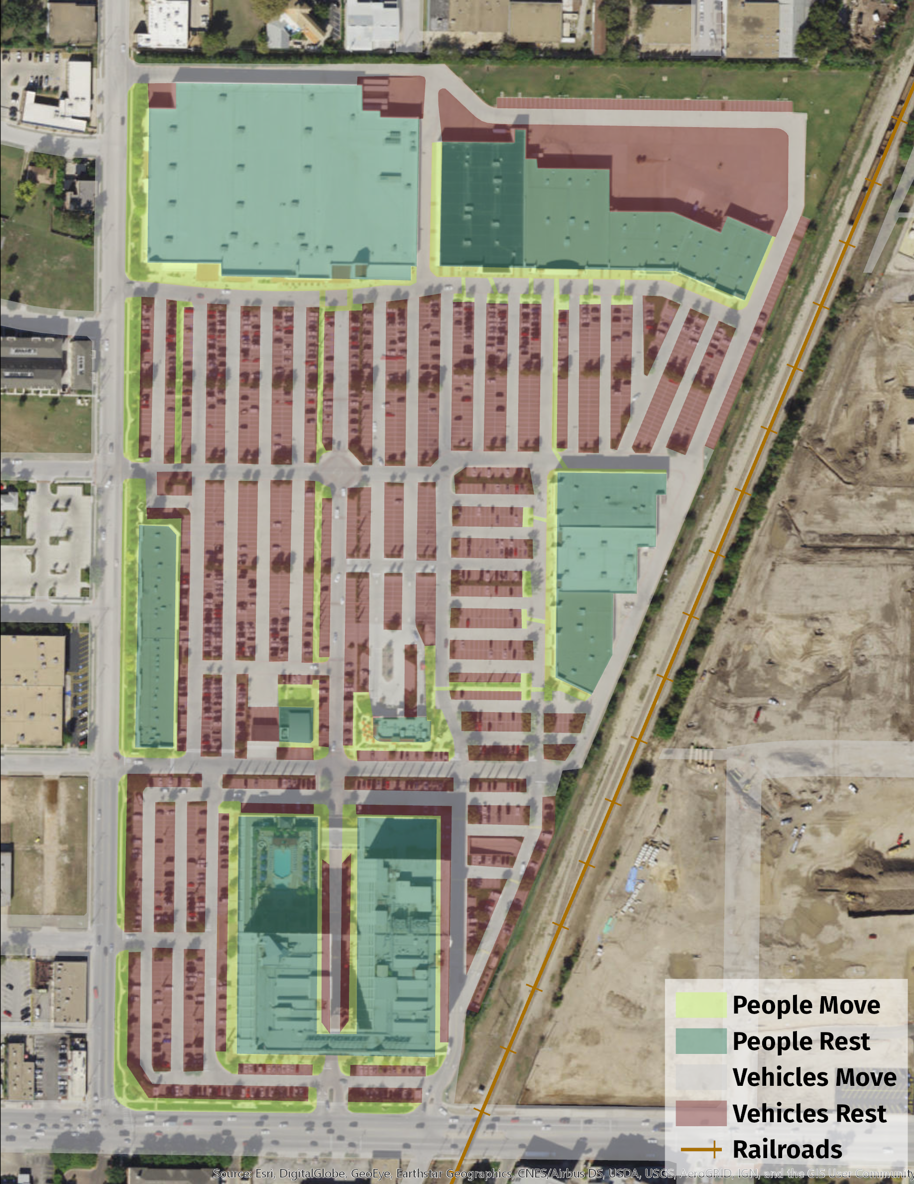 Figure 4. Places where people and vehicles move and rest, with satellite image.
