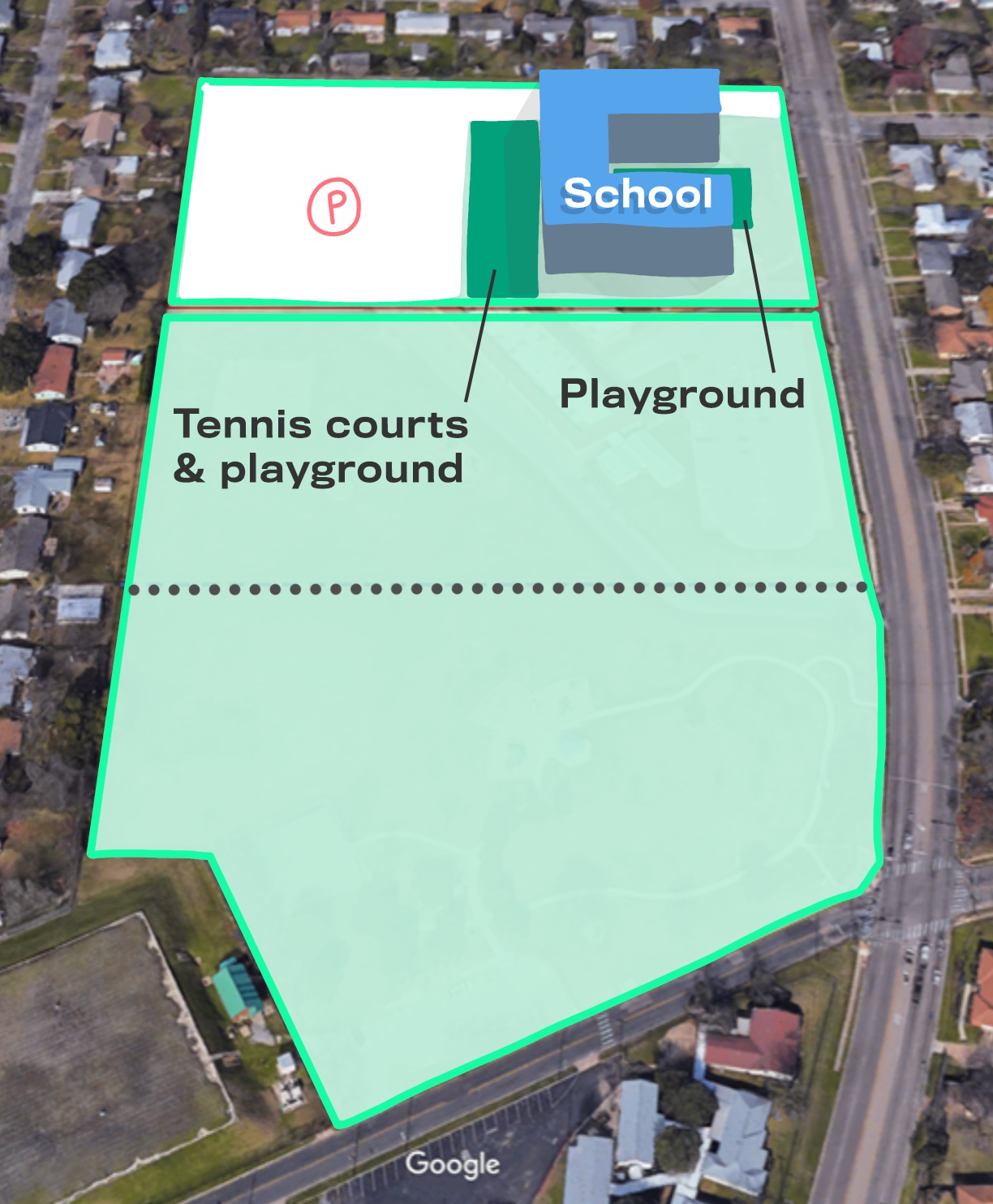 An alternative option for combining park and public school grounds, with a much smaller footprint