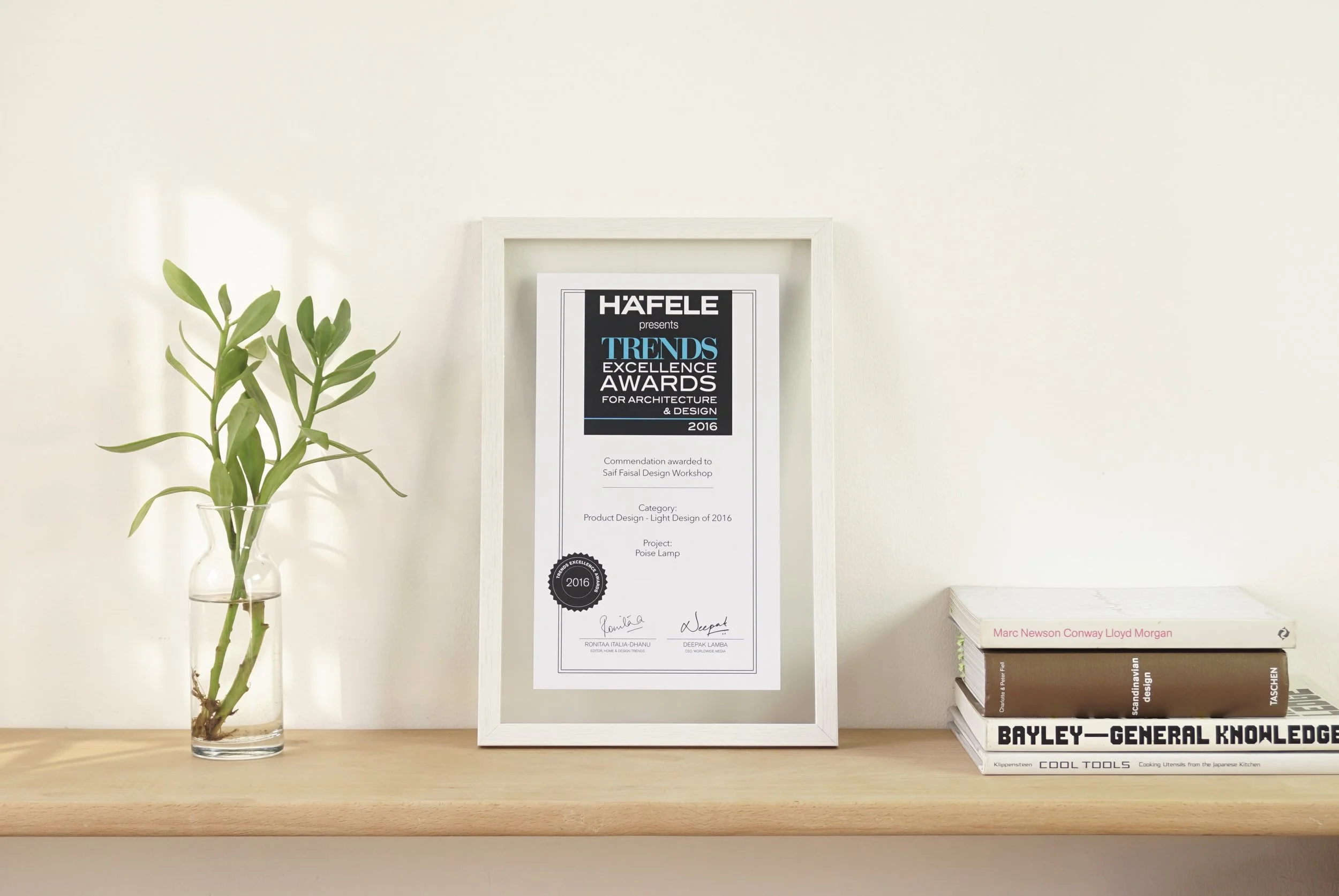 Pleased to announce that we received a commendation for Poise Lamp at the TRENDS EXCELLENCE Awards 2016, presented by HAFELE India.