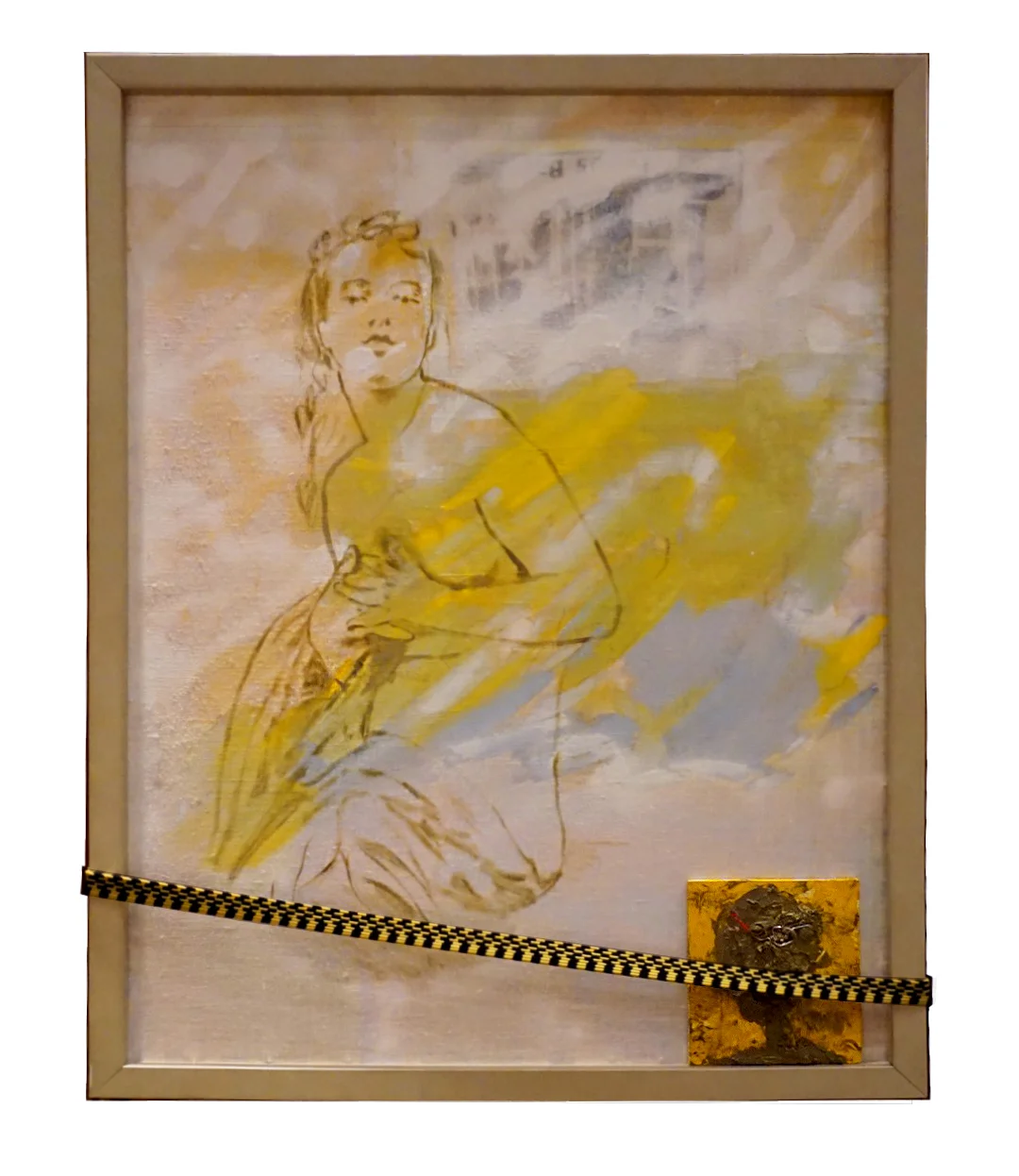 “Texas Bar” | 25x32x2” | Oil, Acrylic and Spray Paint on Linen, Panel with Paperclip and Oil Paint, Bungee Cord, Framed
