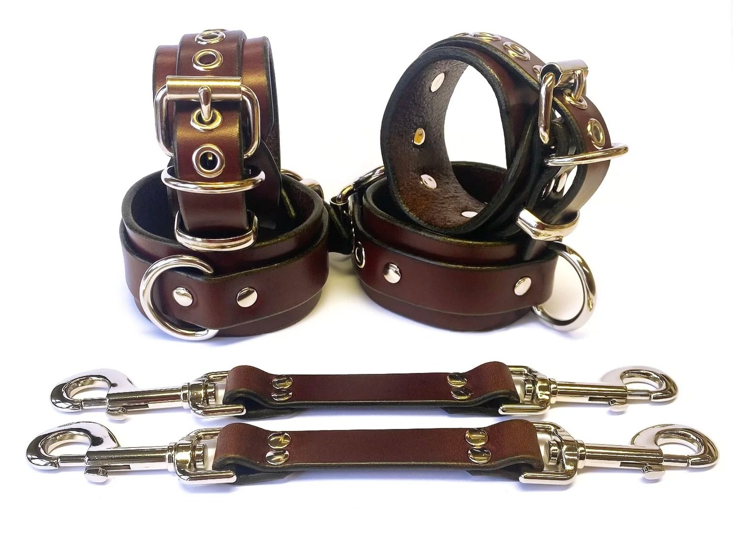 6 Piece Restraints Set with BDSM Straps in Brown Leather