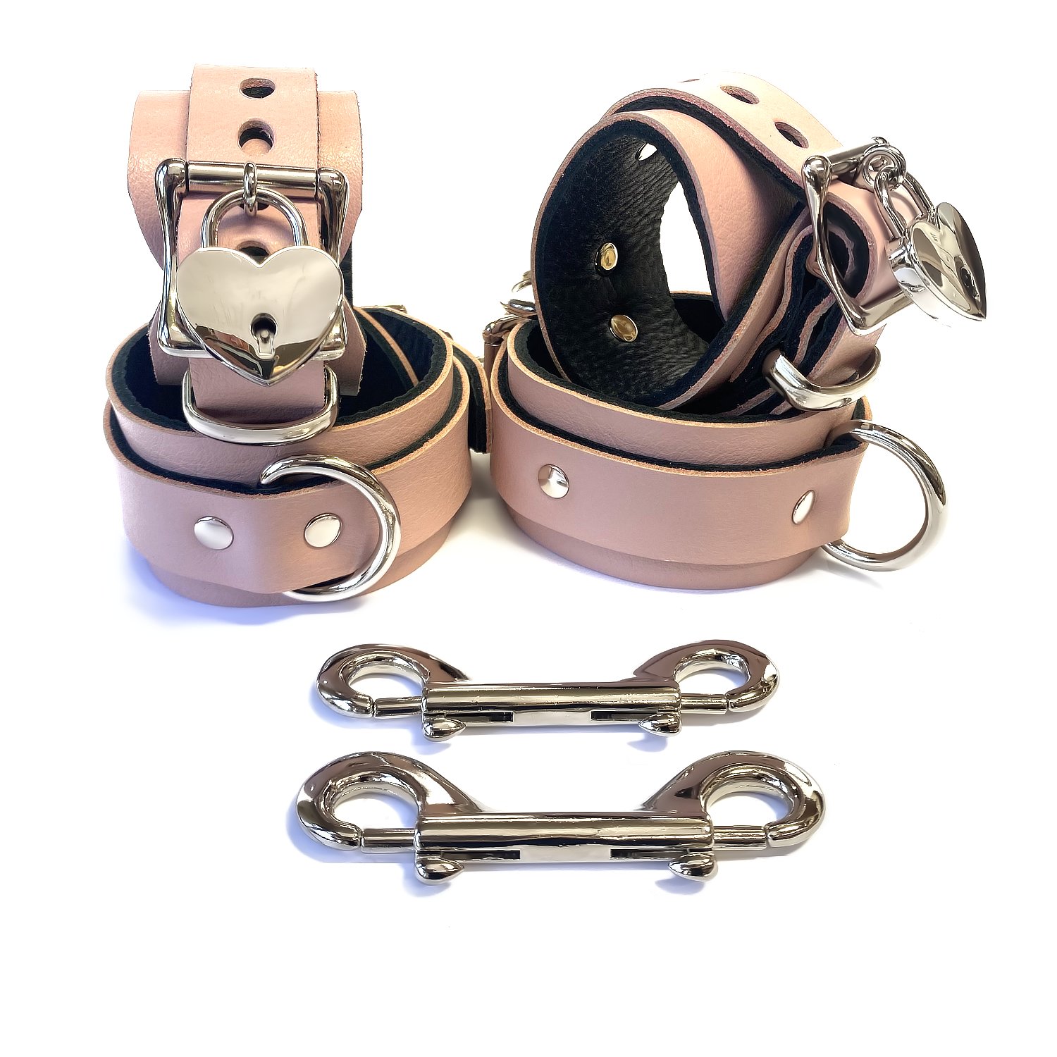 6 piece Lockable Pink Leather Restraints Set with Carabiners