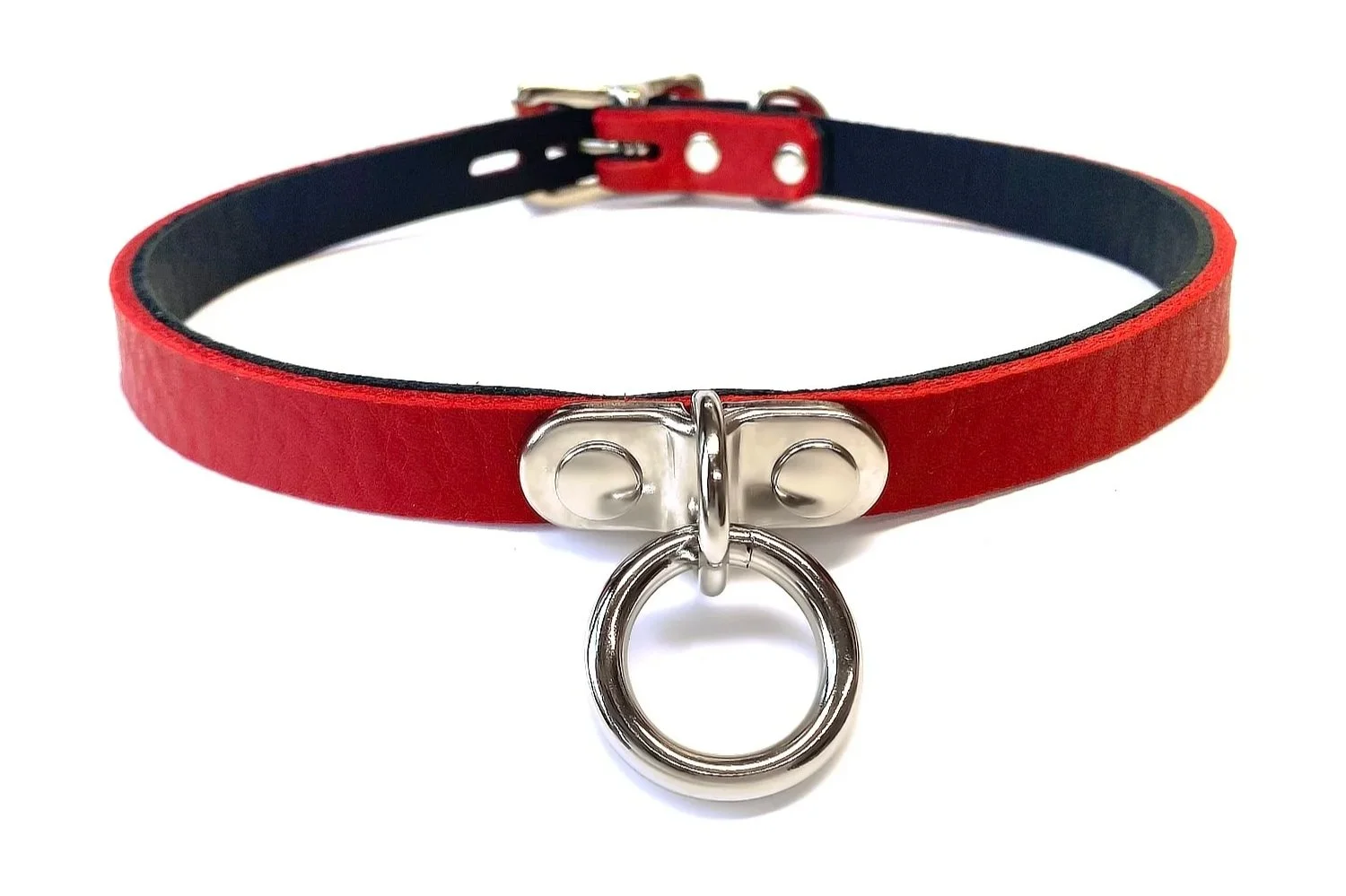 Leather Day Collar in Red with Plated Small Ring