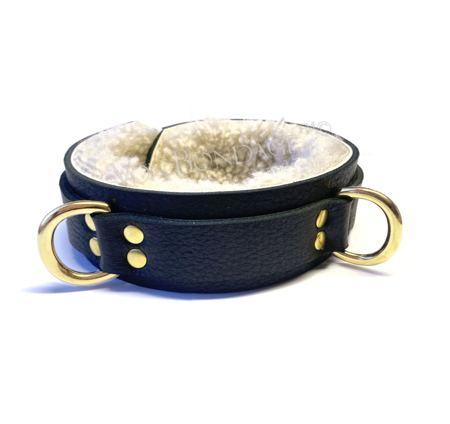 Leather BDSM Collar lined in curly sheepskin fur with brass rings - side view