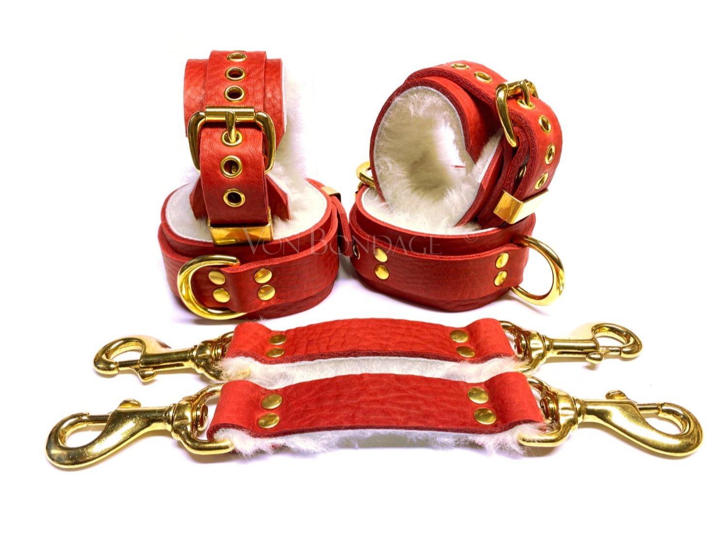 Red Sheepskin BDSM Restraints Set with Brass D-rings & Straps