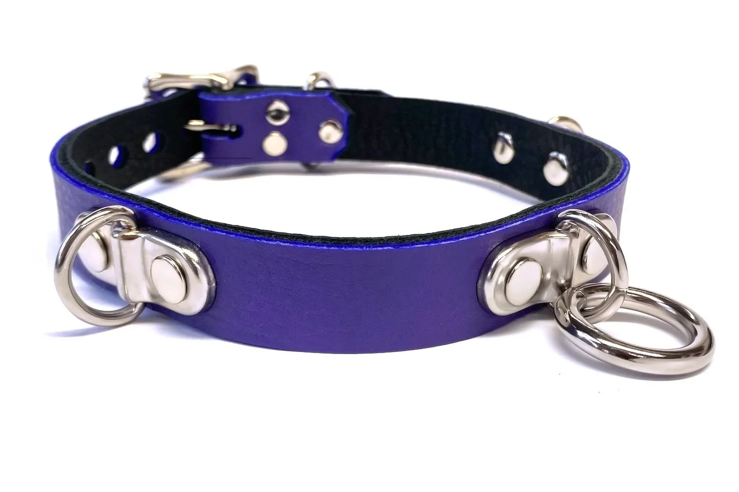 Lockable Purple Leather BDSM Collar with plated rings
