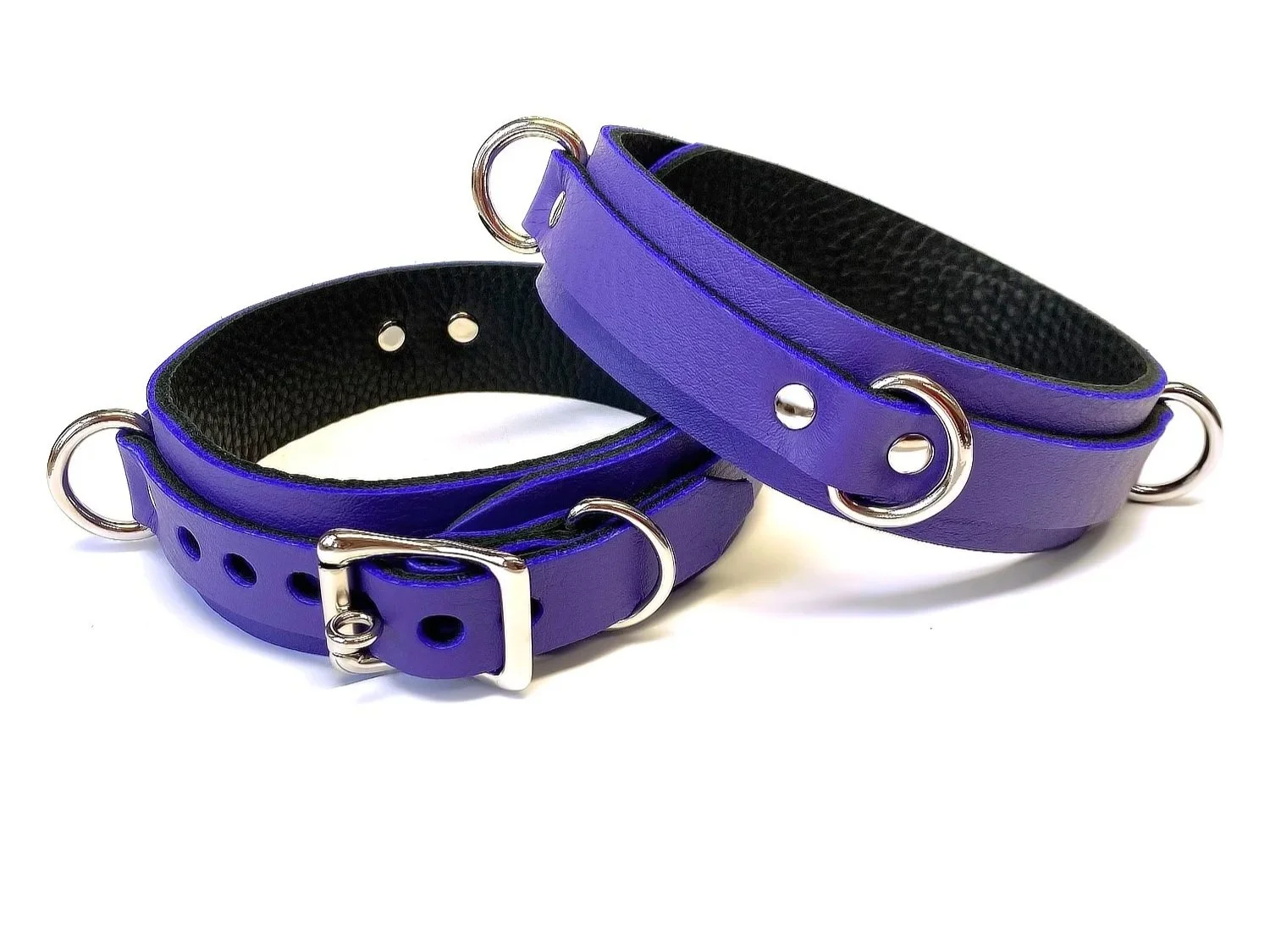 Purple Leather Thigh Cuffs with 3 D-rings per cuff