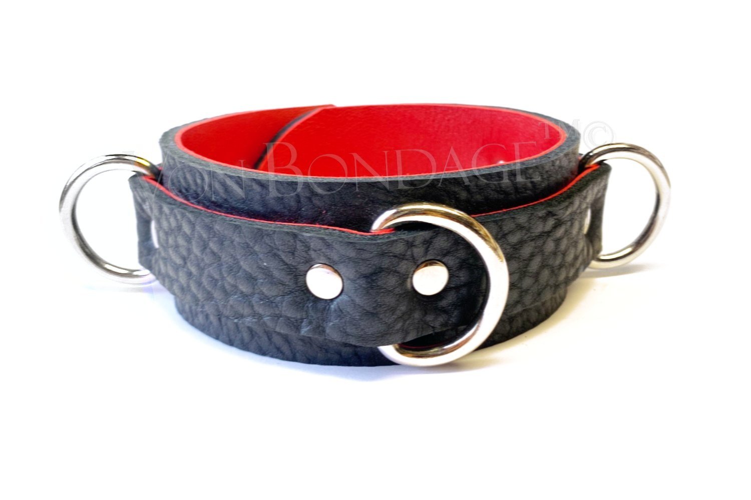 BDSM Collar with 3 Dee Rings in Bullhide Leather lined in Red Lambskin