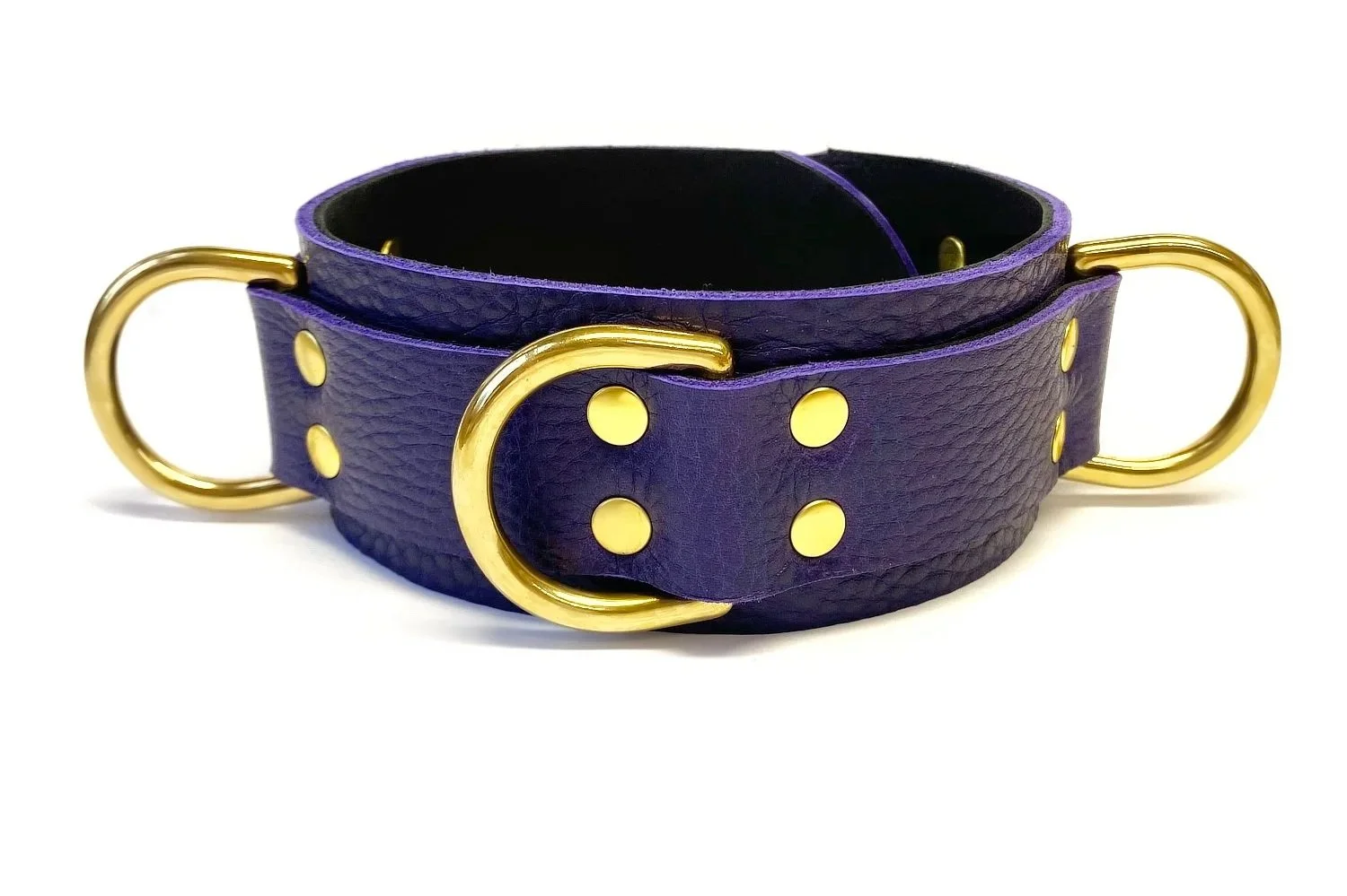 Indigo Leather Bondage Collar with 3 large brass d-rings