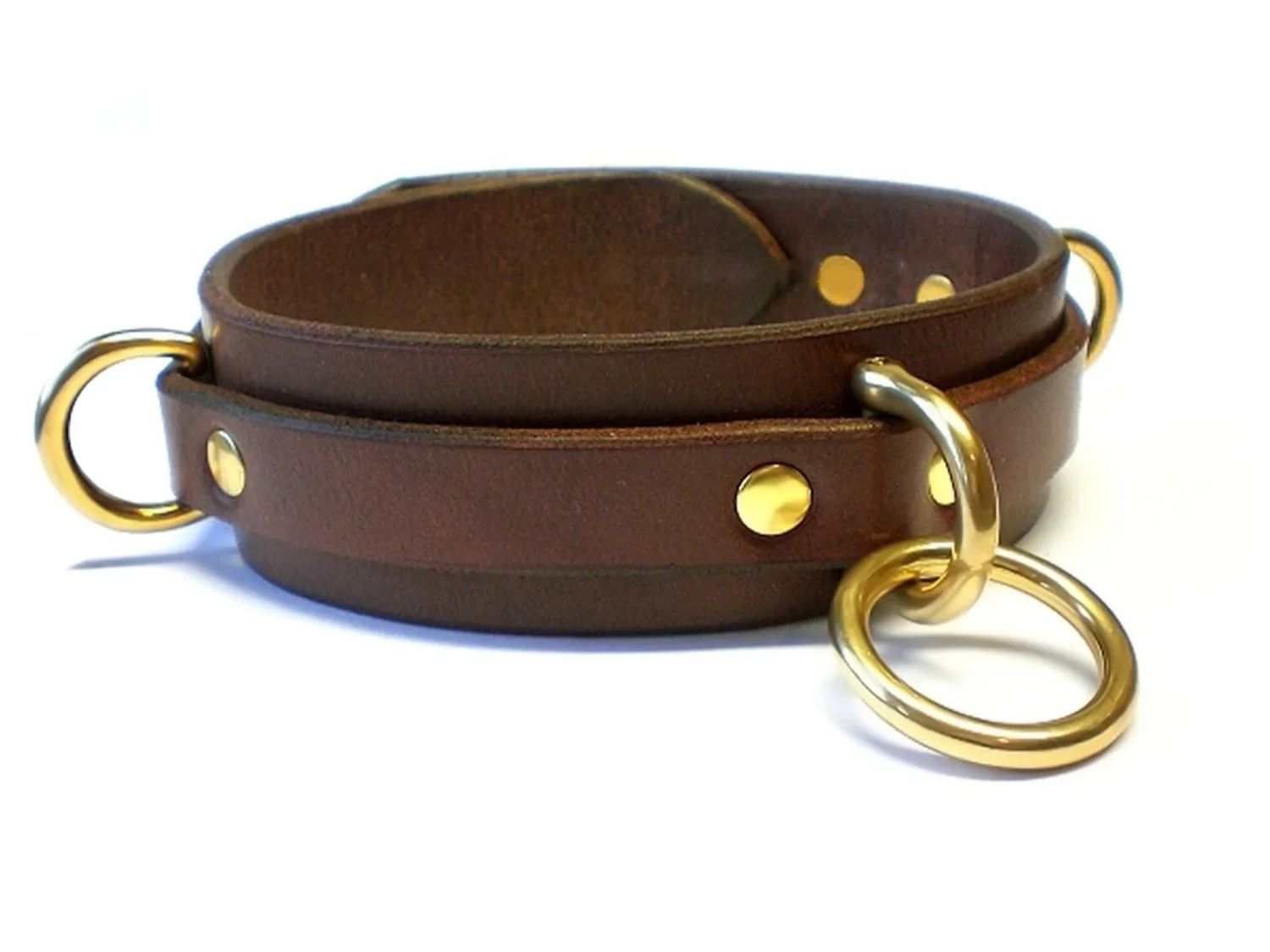 Brown Leather slave Collar with Brass D-rings and D&O Ring