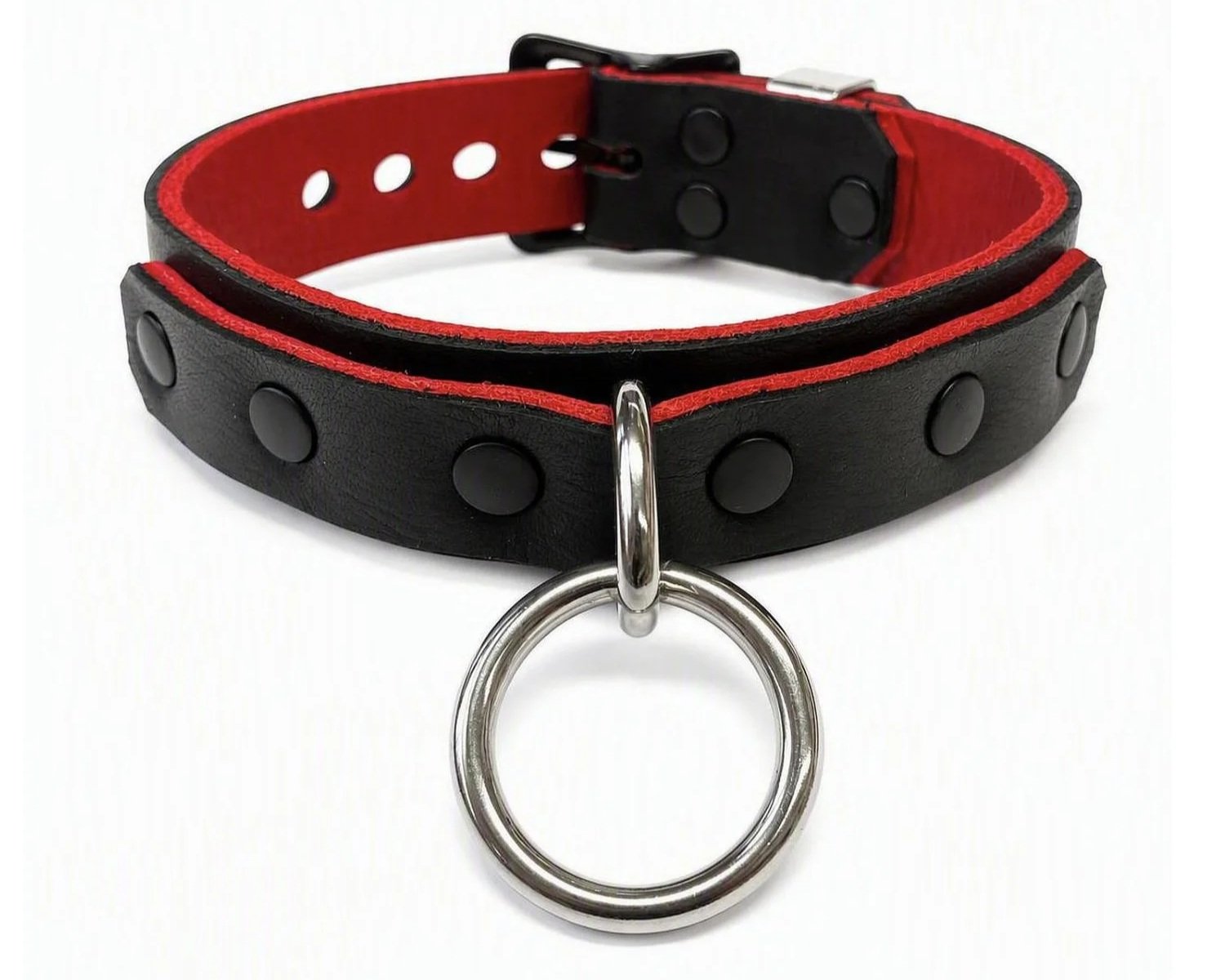 Black & Red Leather BDSM Collar with Stainless Steel Bondage Ring