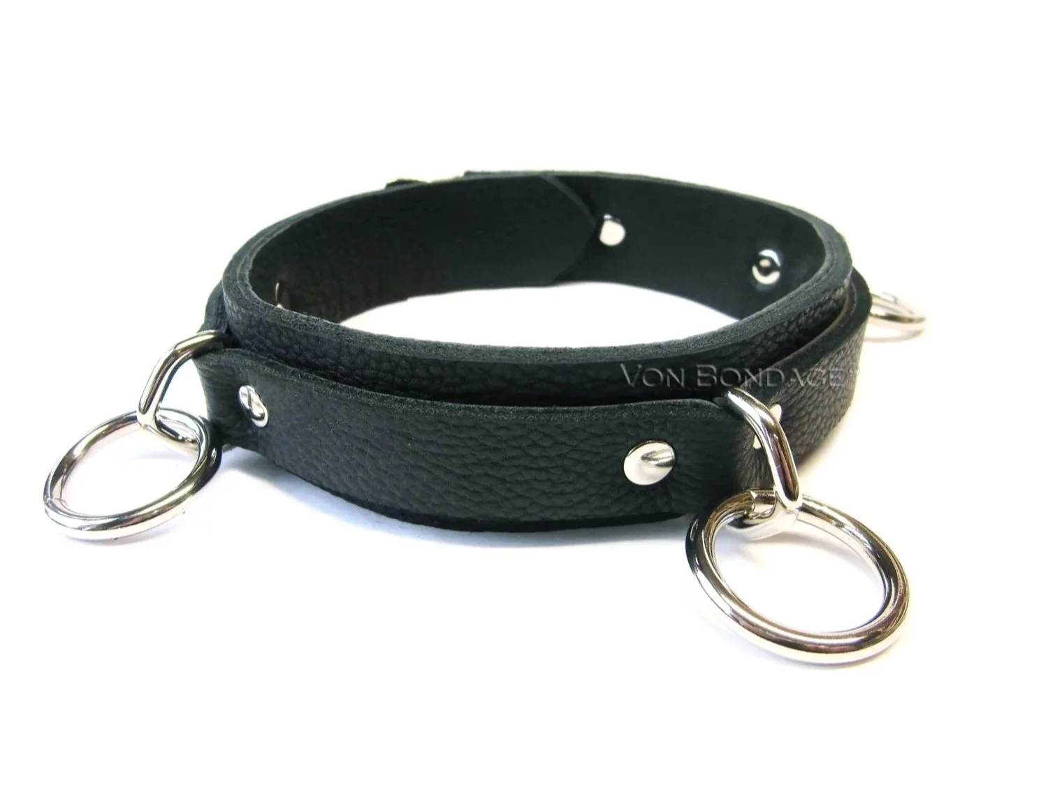 Black Bullhide Bison Leather BDSM Collar with 3 Bondage Rings
