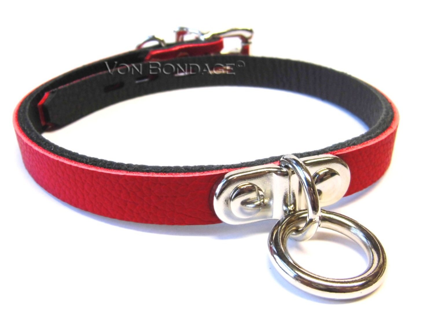 Red Leather BDSM Day Collar with Plated D&O Ring