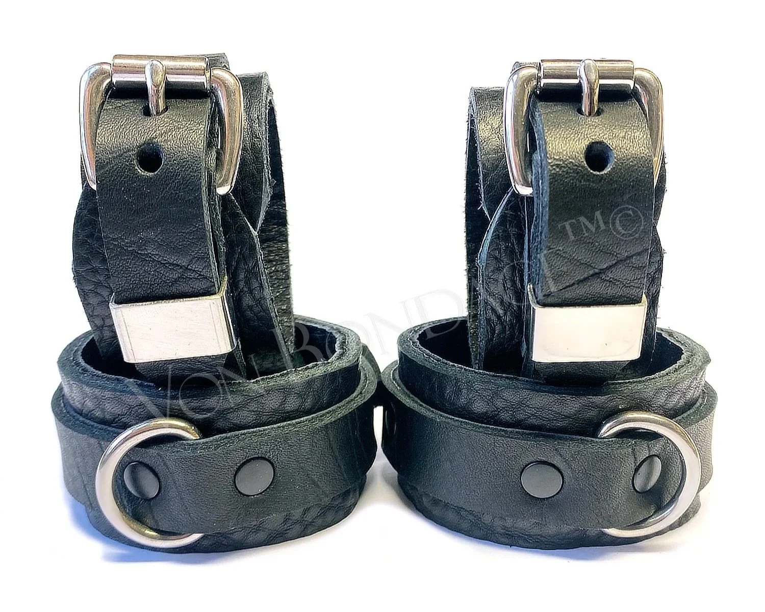 Black Bullhide Bison Leather BDSM Restraints Set Stainless Steel D-rings