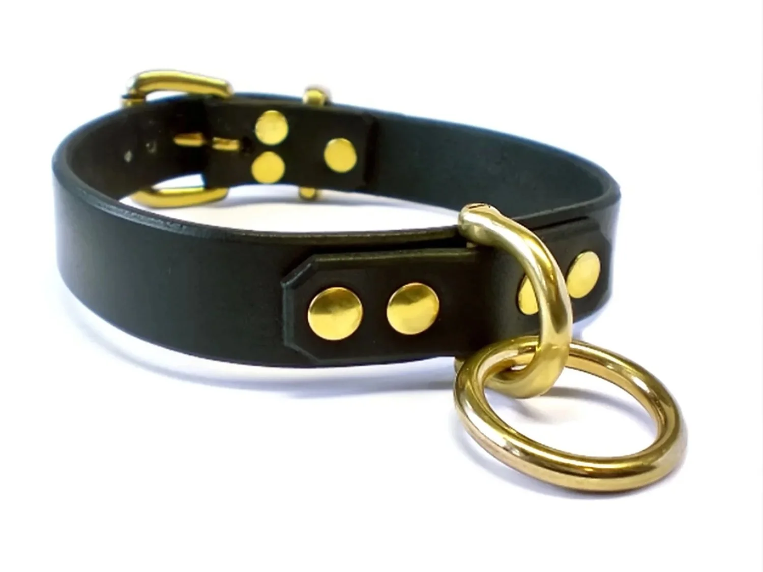 black leather bdsm collar with solid brass bondage ring