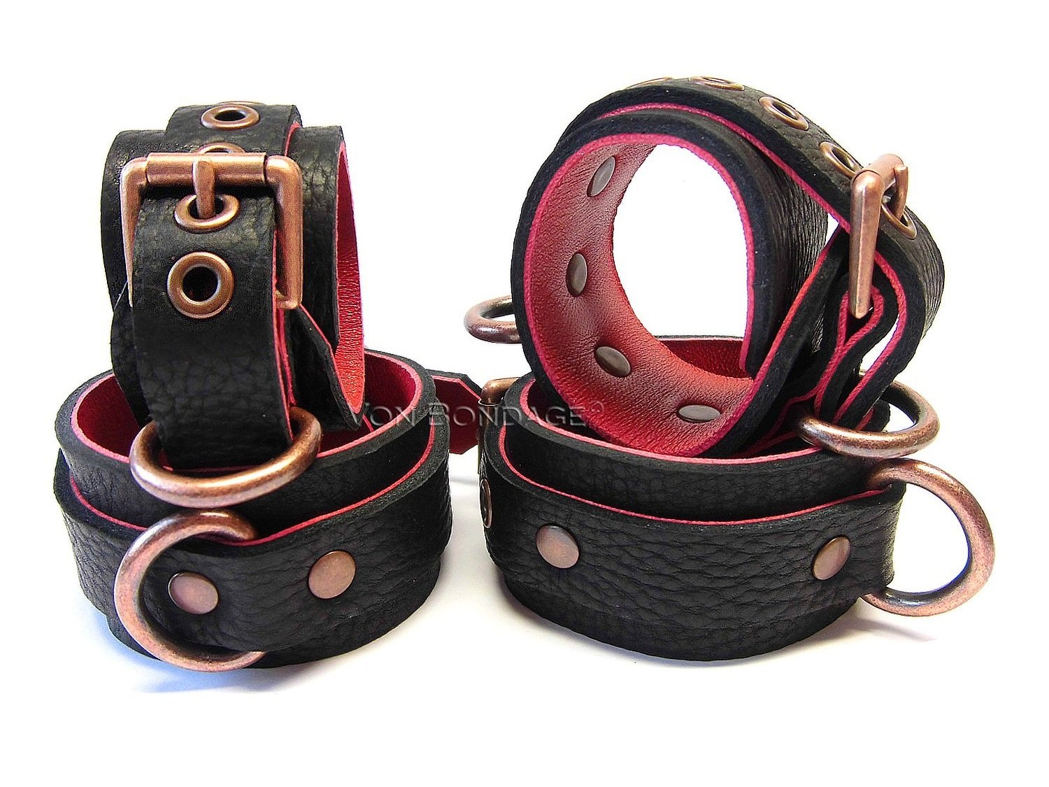 Wrist & Ankle Restraints lined in Red Lambskin | Copper D-rings