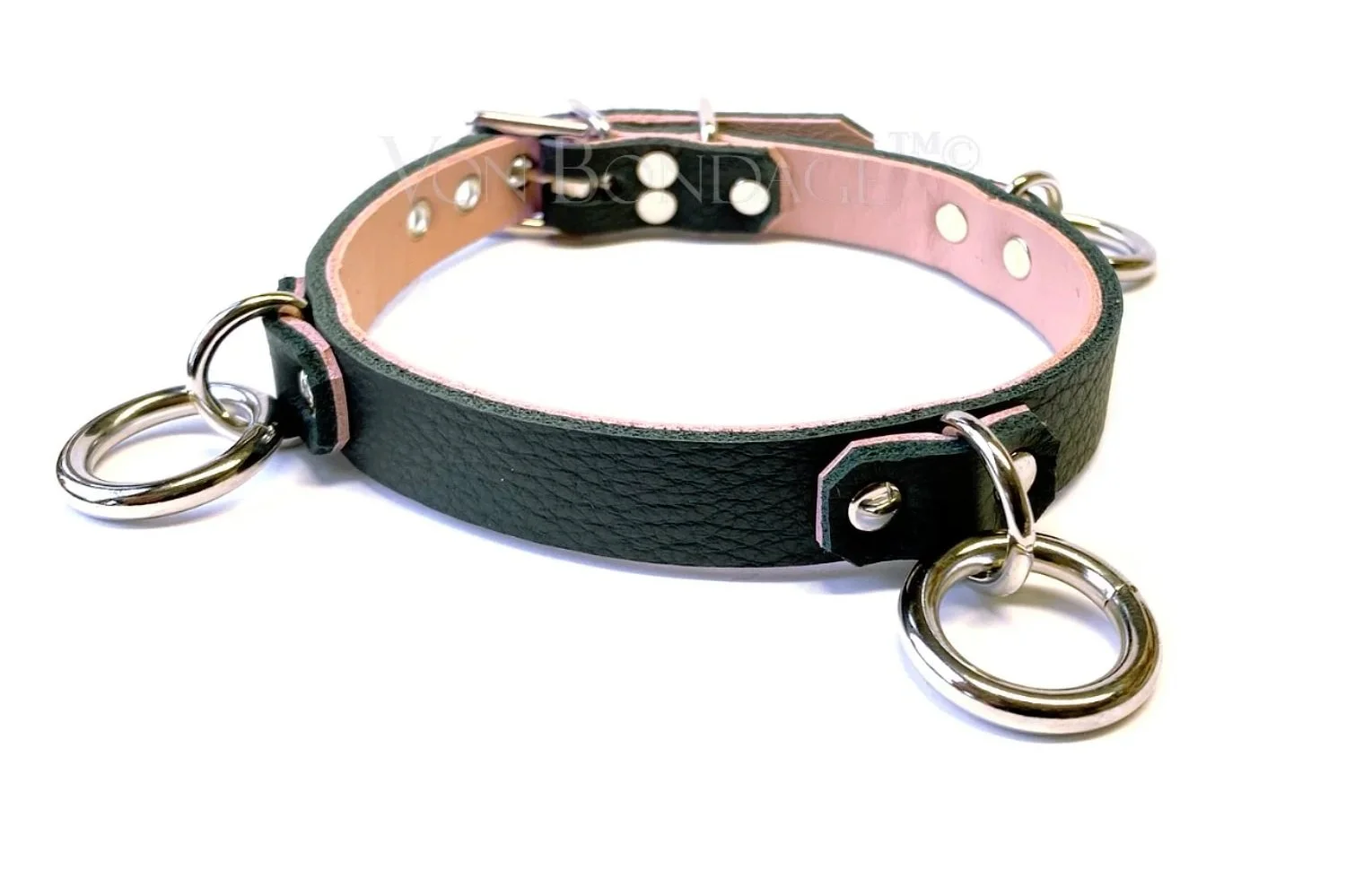 Black & Pink Leather Day Collar with 3 Rings