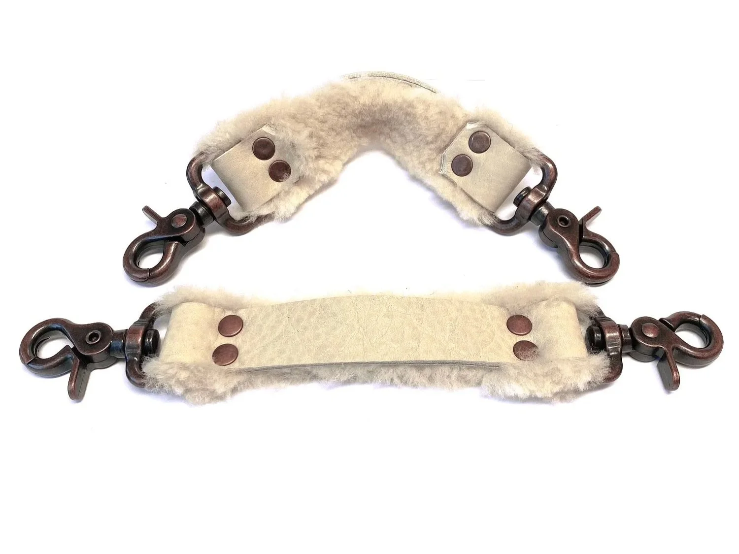 Pair of Cream Bullhide Cream Sheepskin Fur BDSM Straps with Copper Scissor Clips