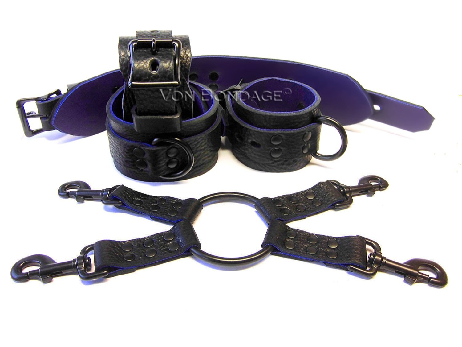 Leather BDSM Restraints Set with Hogtie in Black hardware lined in purple lambskin