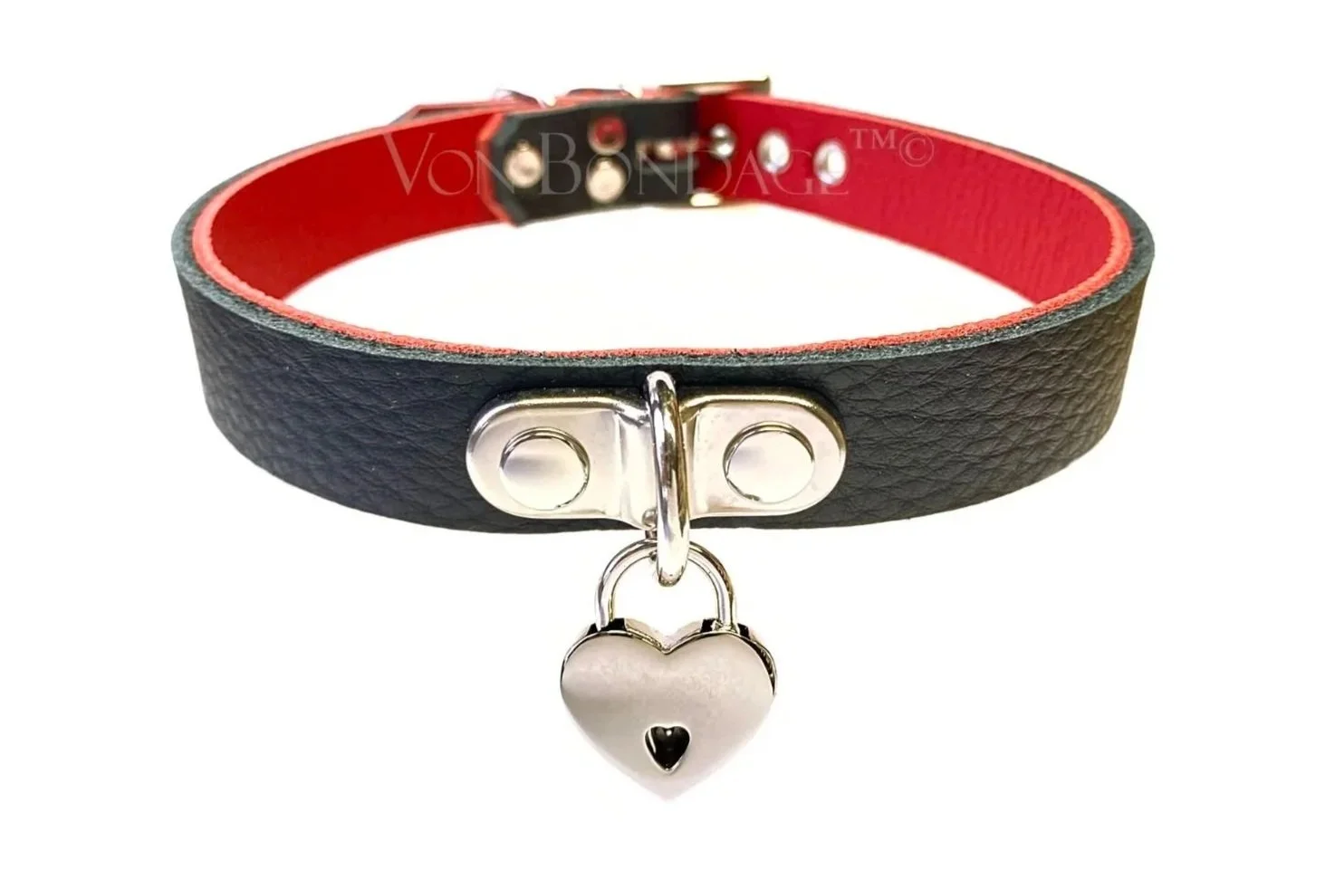 Black and Red Leather BDSM Collar with a small heart padlock on tiny d-ring