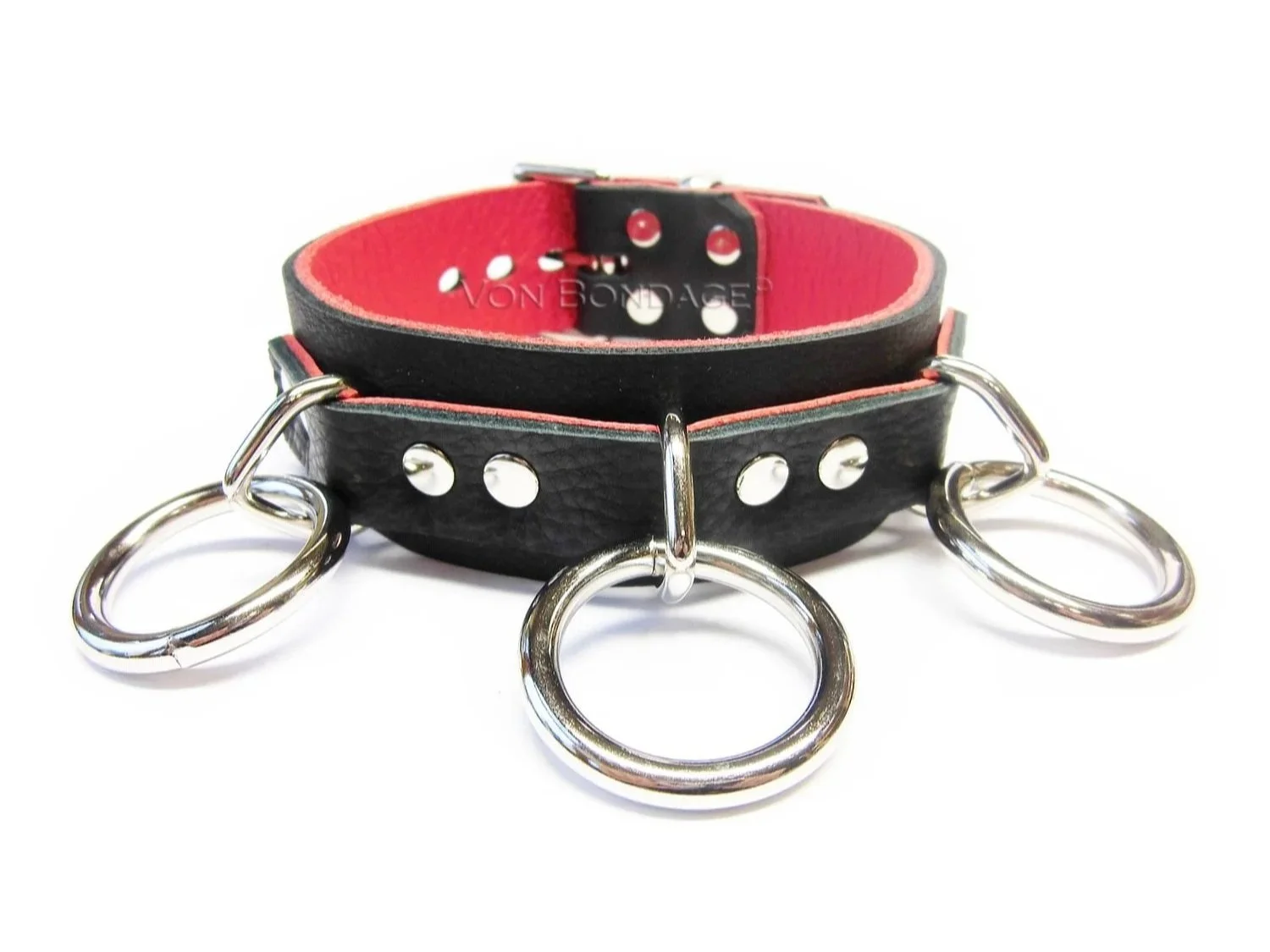 3 ring bondage collar lined in red leather