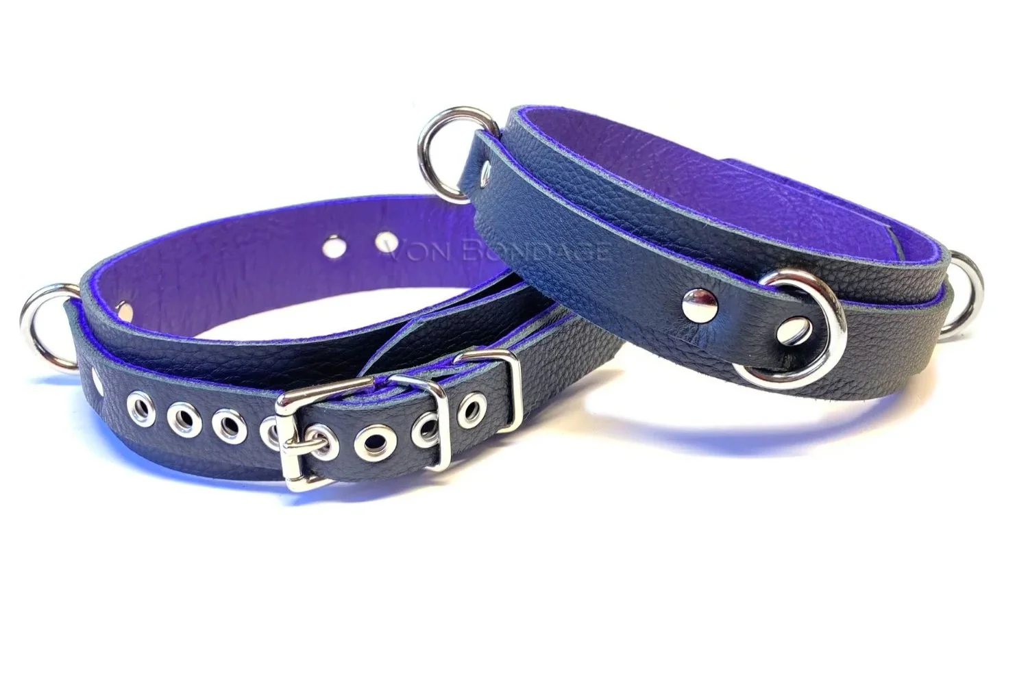 Black & Purple Leather thigh cuffs with 3 d-rings per cuff