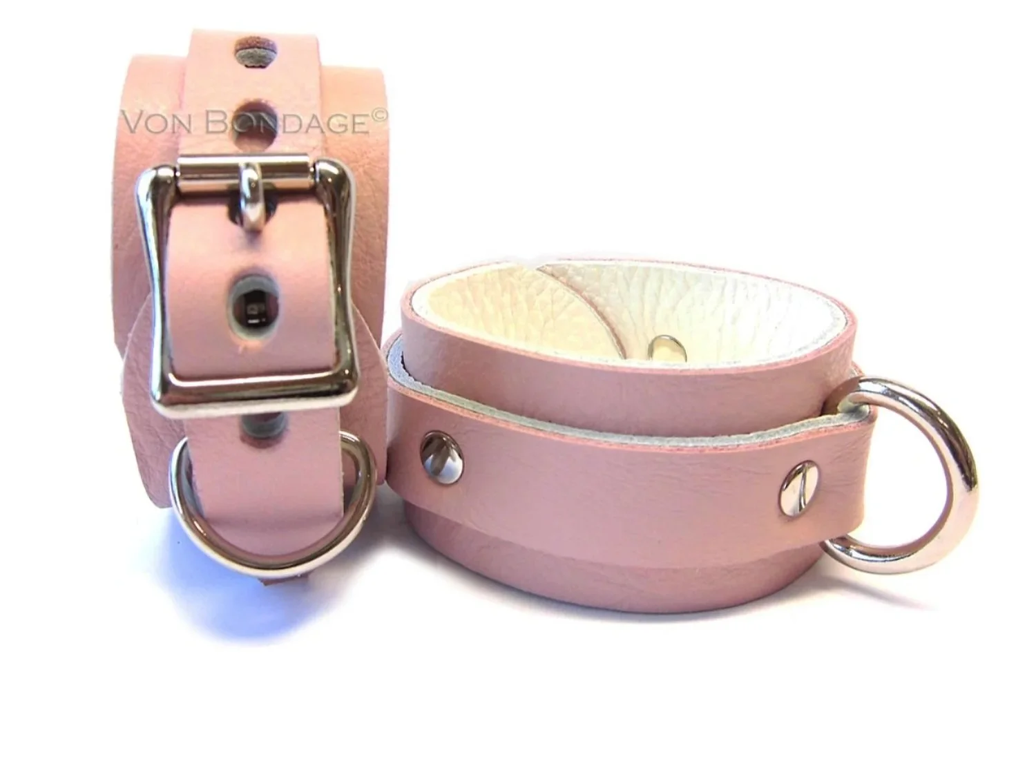 Pair of Leather Restraints in Pink & White Leather