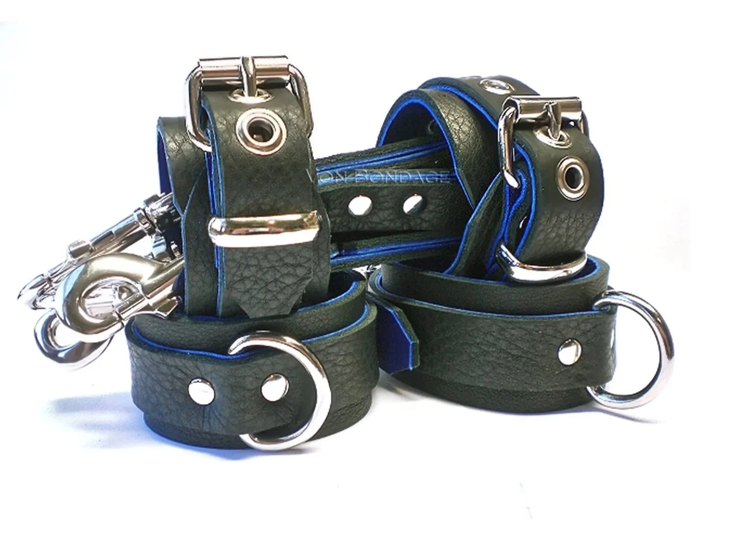 Black & Blue Leather BDSM Restraints Set with Hogtie