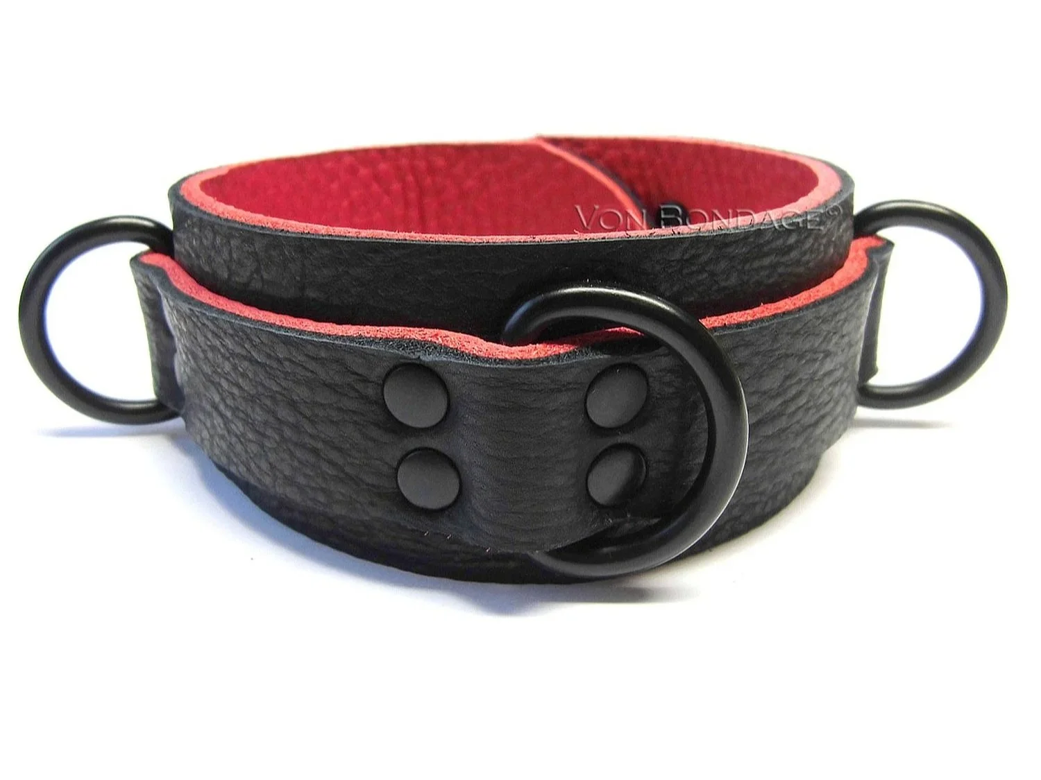 Black Bison & Red Leather Bondage collar with triple black 1 inch dee rings
