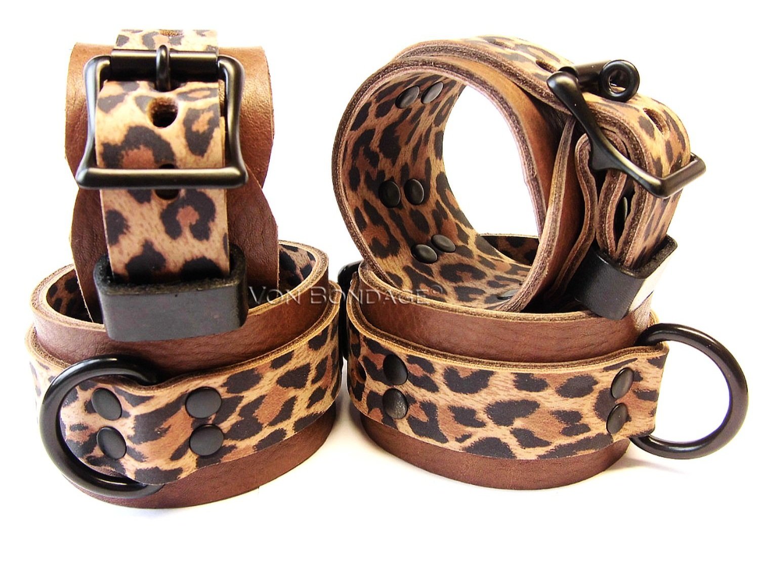 Wrist & Ankle Restraints Set | Leopard Leather | Black Steel