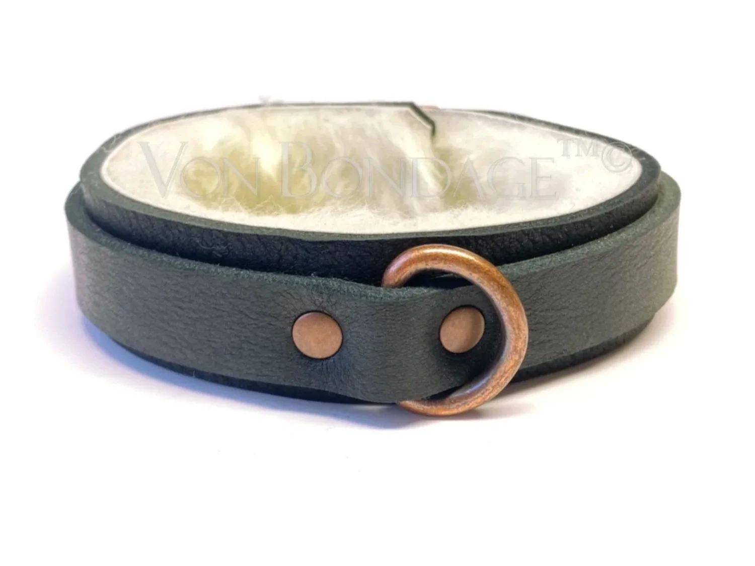 Leather BDSM Collar lined in white sheepskin fur with a copper d ring in front