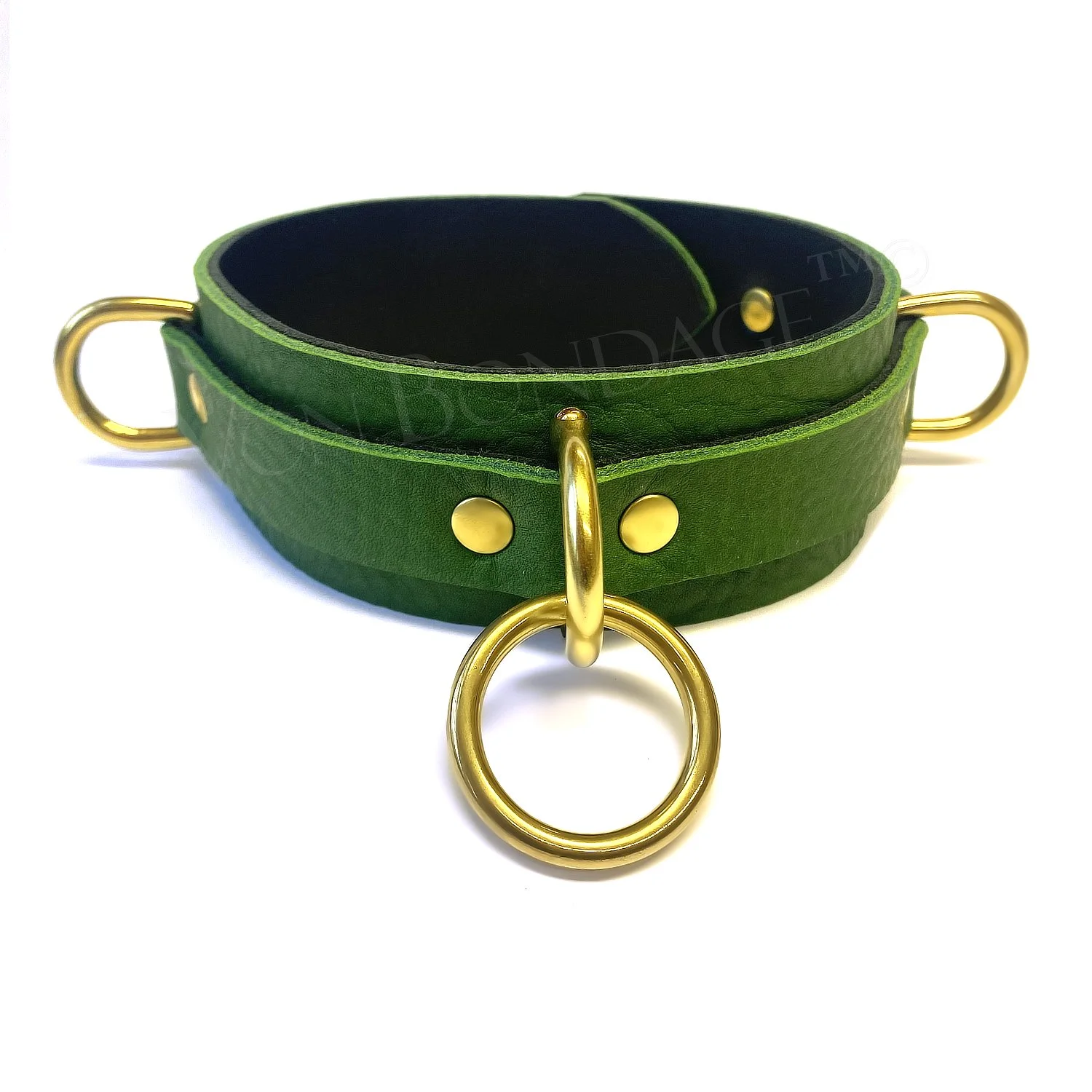 Green Leather slave Collar with Brass D&amp;O Ring and D-rings