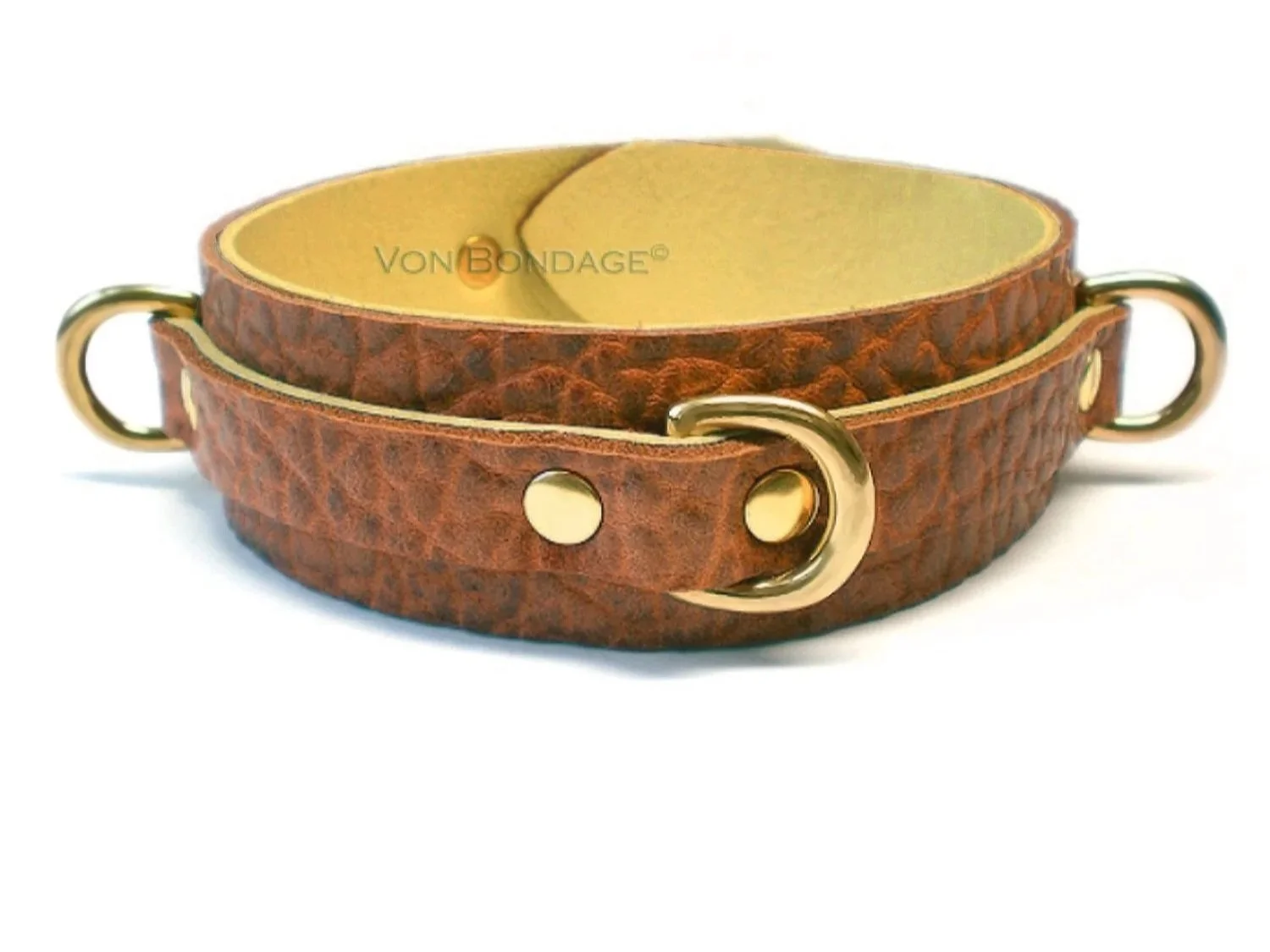 brown leather bdsm collar with 3 small brass d-rings