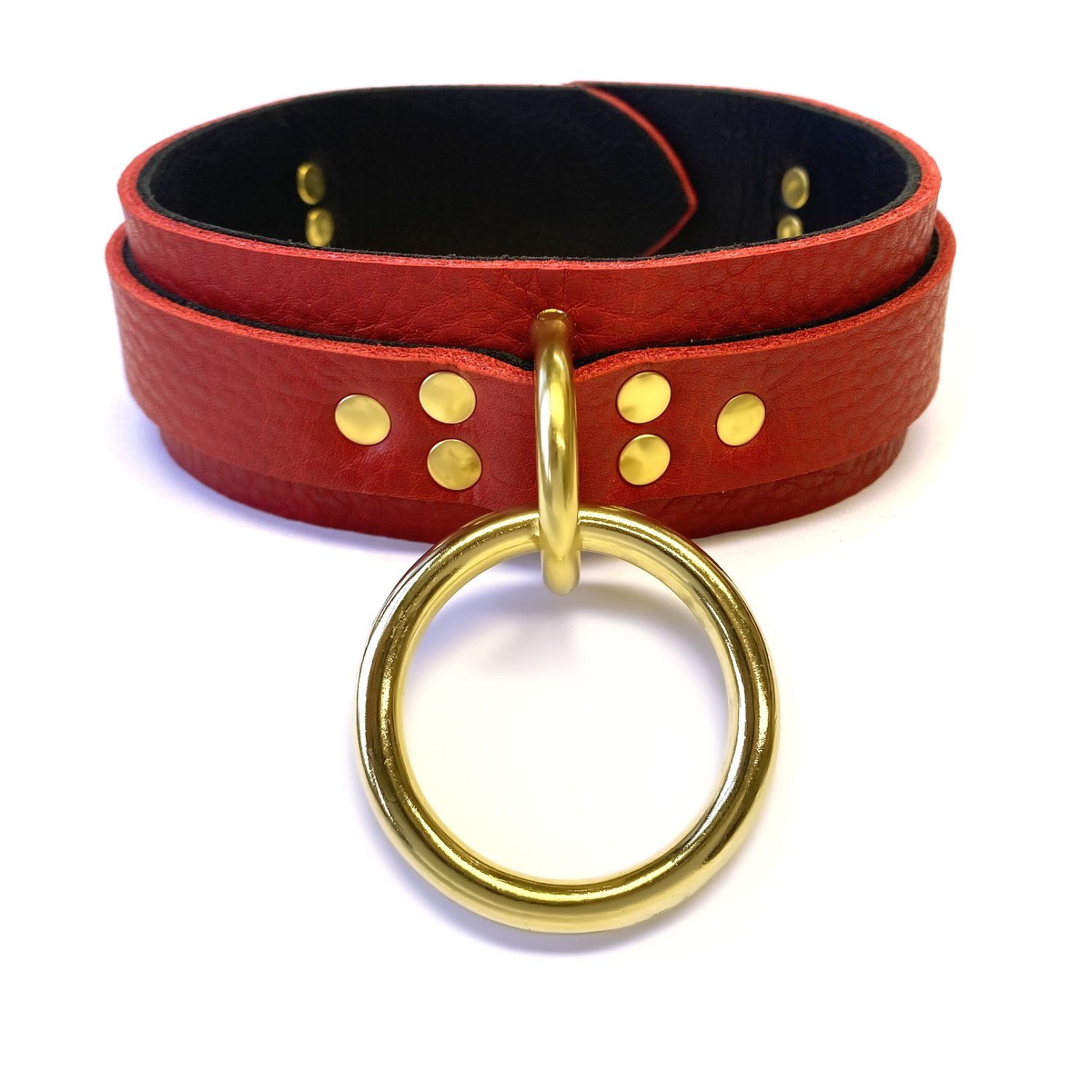 Red Leather BDSM Collar with Solid Brass O-ring
