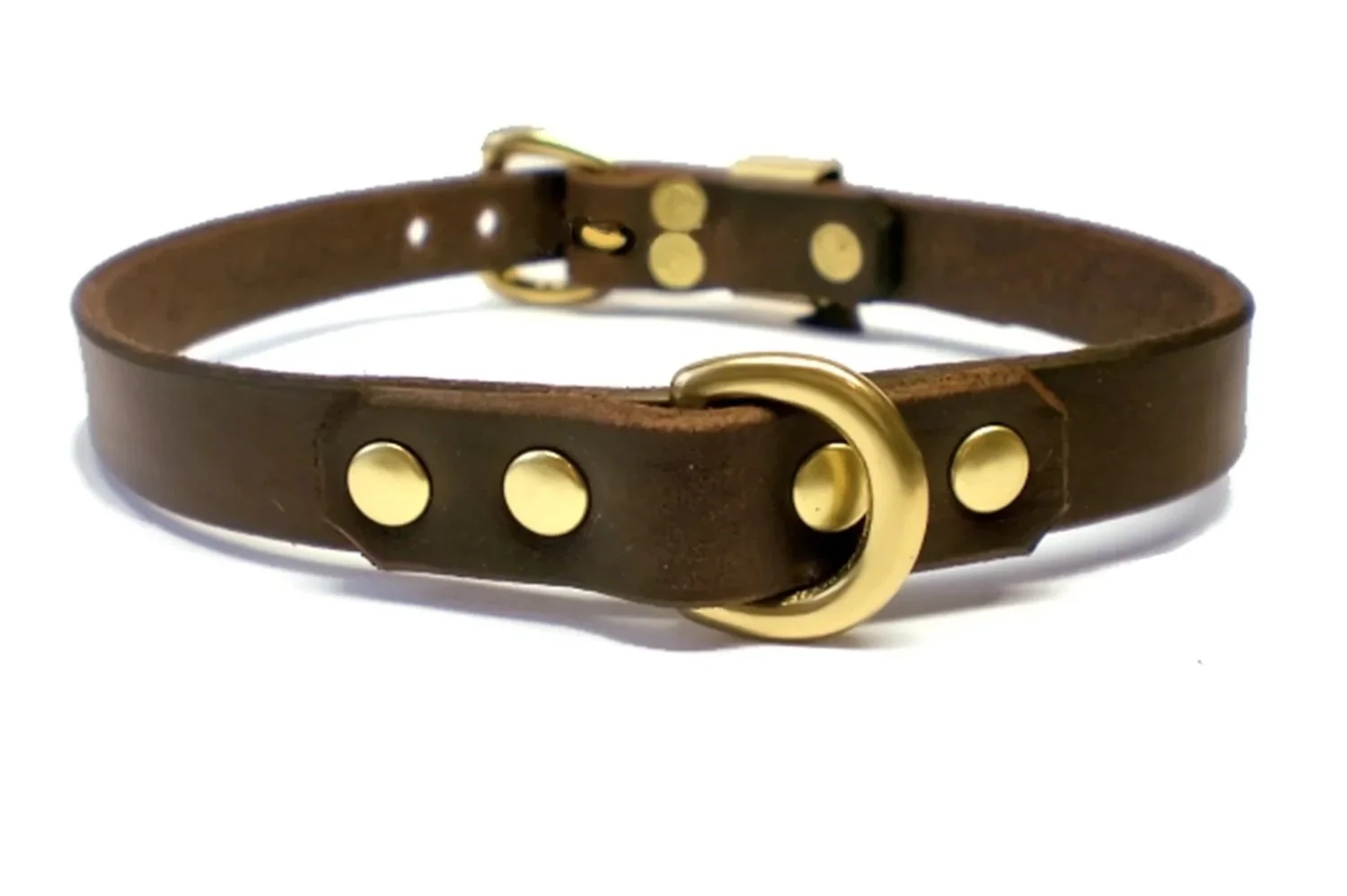 brown leather submissive collar with small brass d-ring