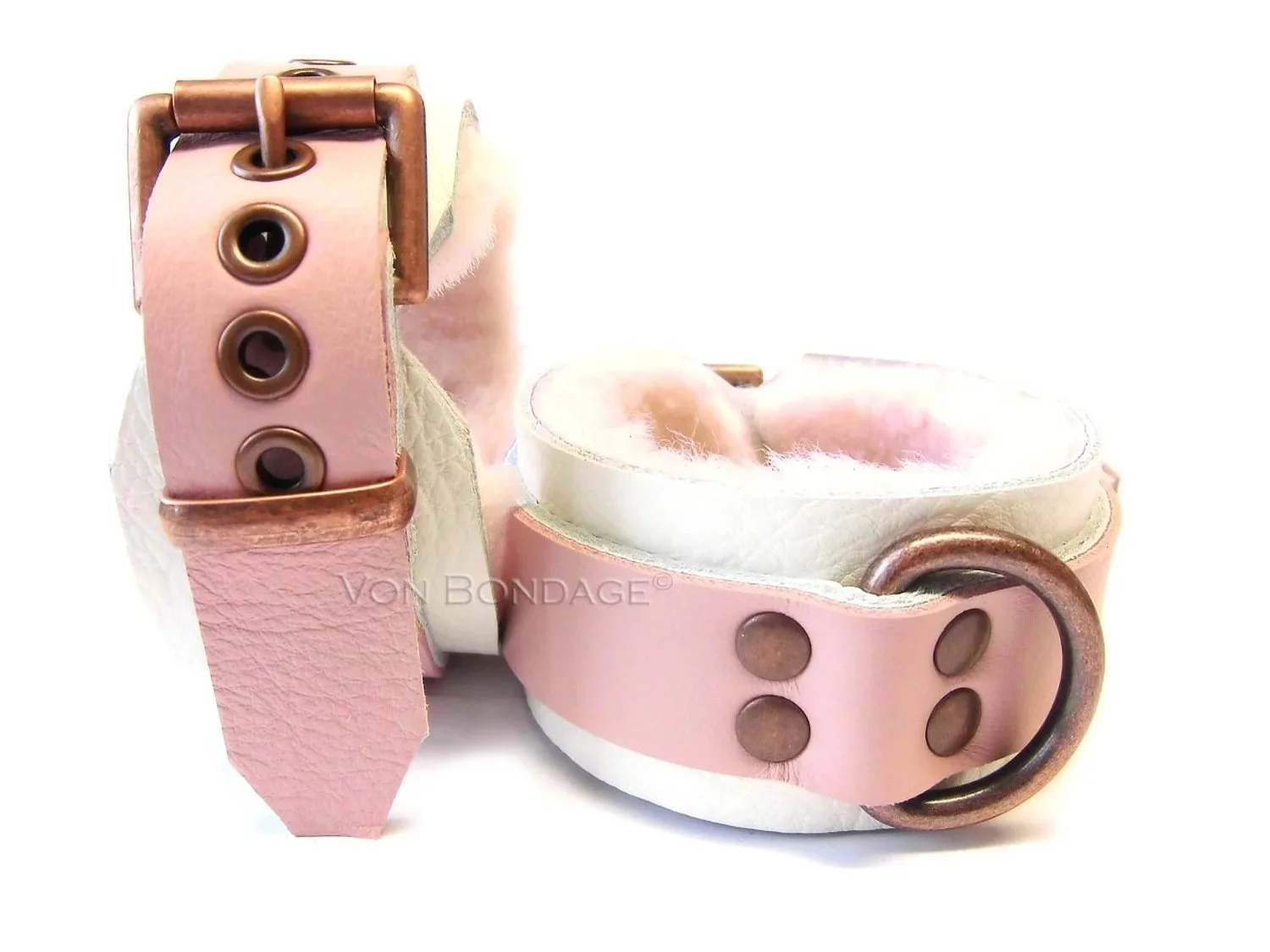 Pink and White BDSM Restraints in Soft Pink Sheepskin with Copper D-rings