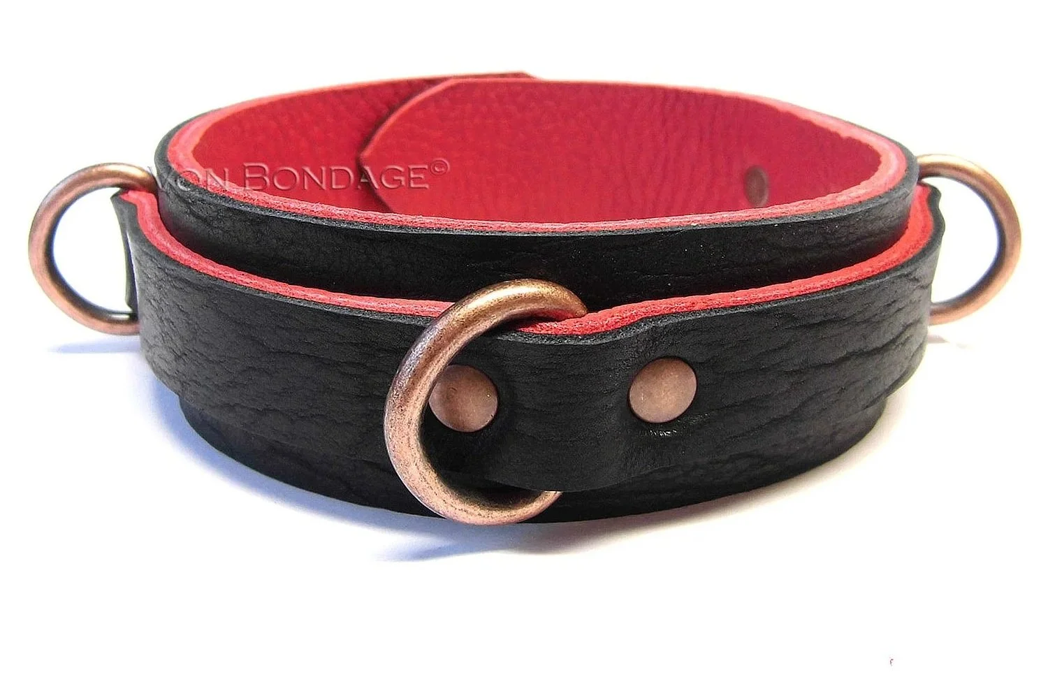 Bison & Red Leather slave Collar with 3 Copper Dee rings
