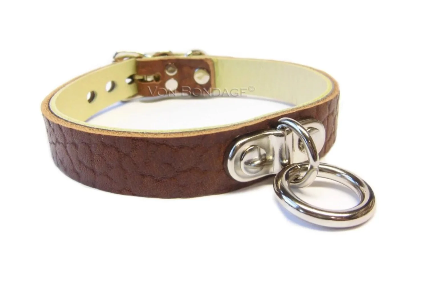 Brown Bullhide Leather BDSM Collar with Plated Ring