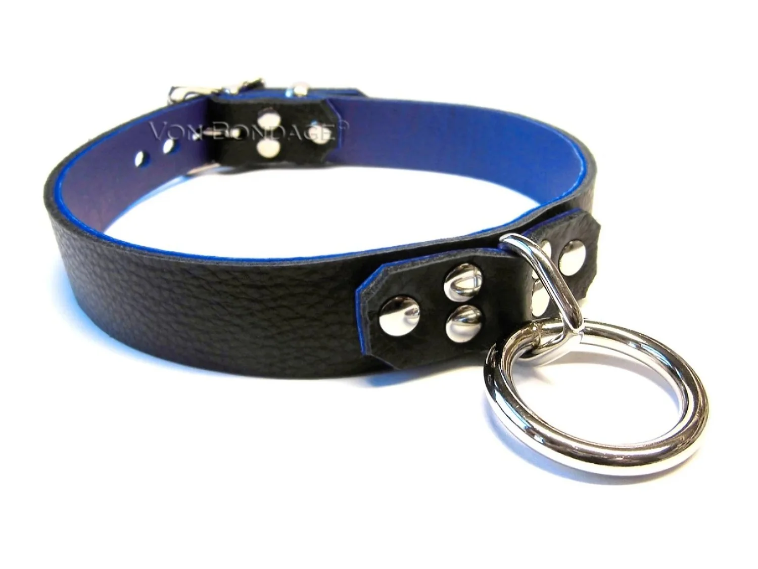 Black & Blue Leather BDSM Collar with Strong Bondage Ring