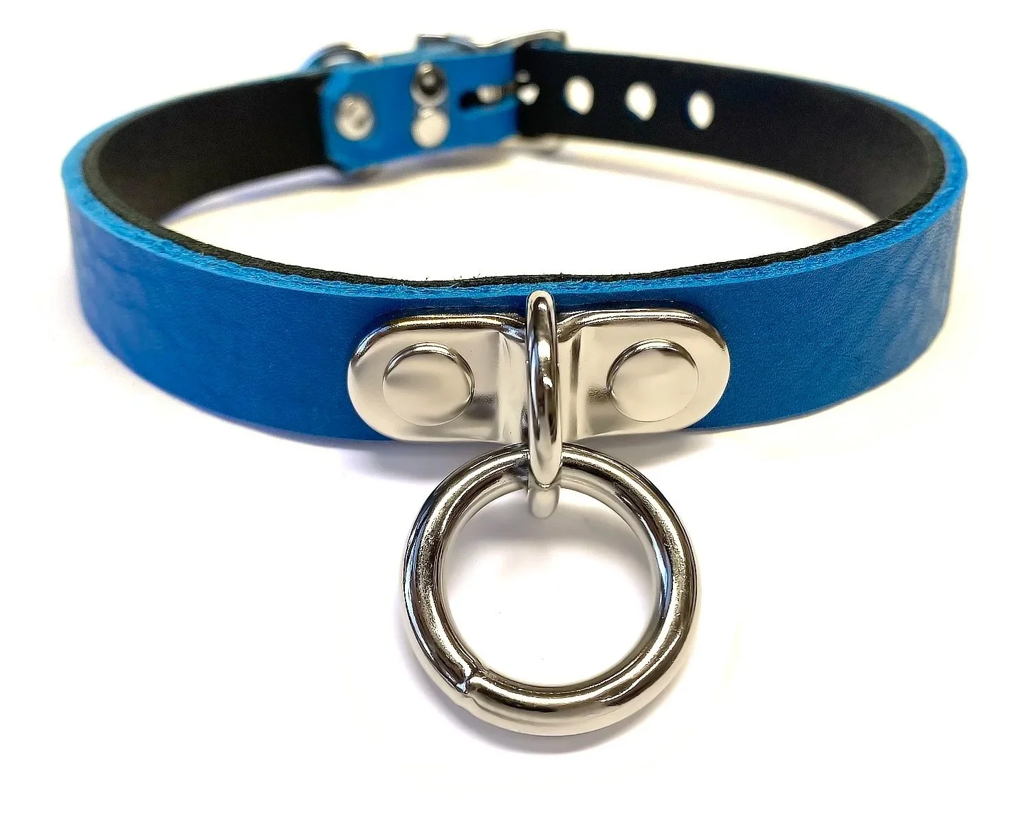 French Blue Lockable Leather slave Collar with D&O Ring