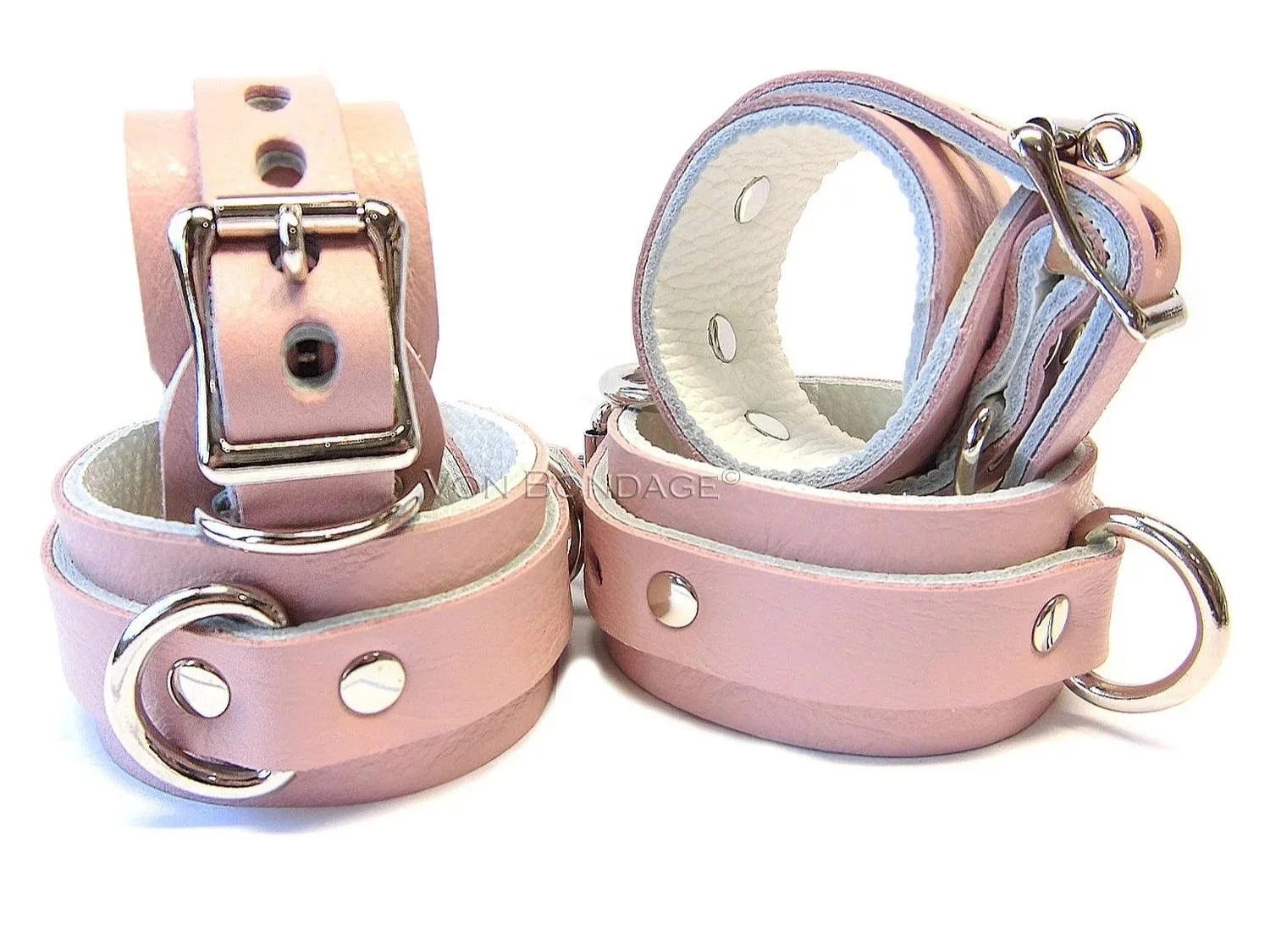 Lockable Restraints Set for Wrists & Ankles in Pink and White Leather