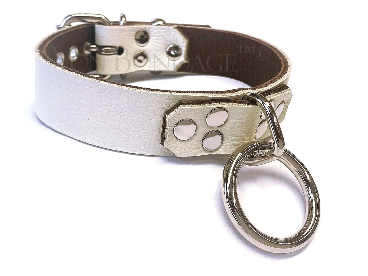 White Leather BDSM Collar with Strong Bondage Ring