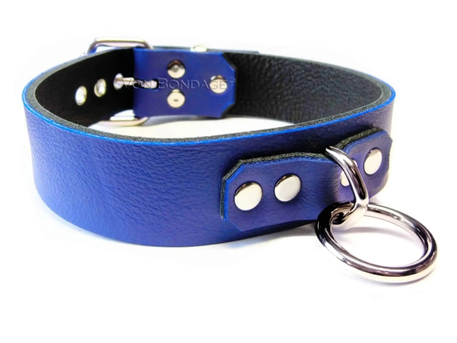 Blue Leather BDSM Collar with Bondage Ring