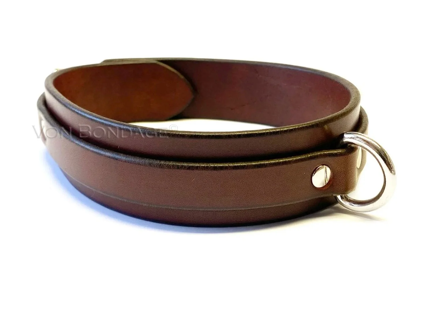 brown leather bondage collar with 19mm d-ring in front