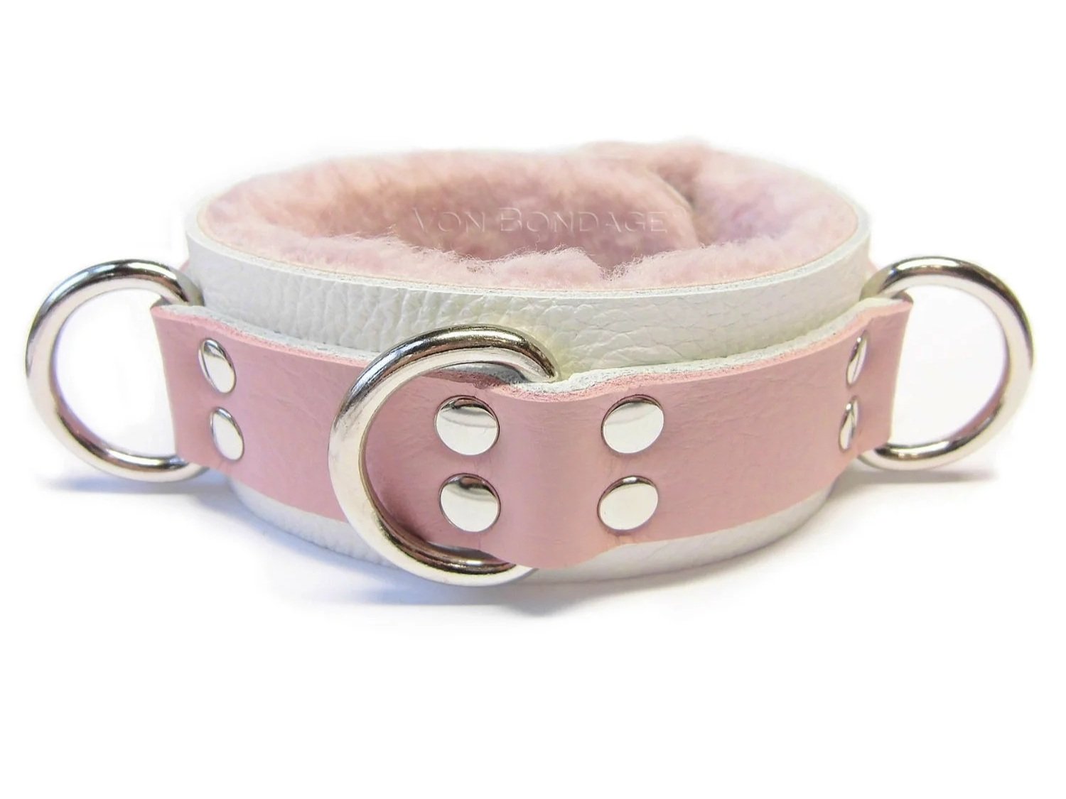 Pink Fur-lined BDSM Collar with Triple Dee Rings